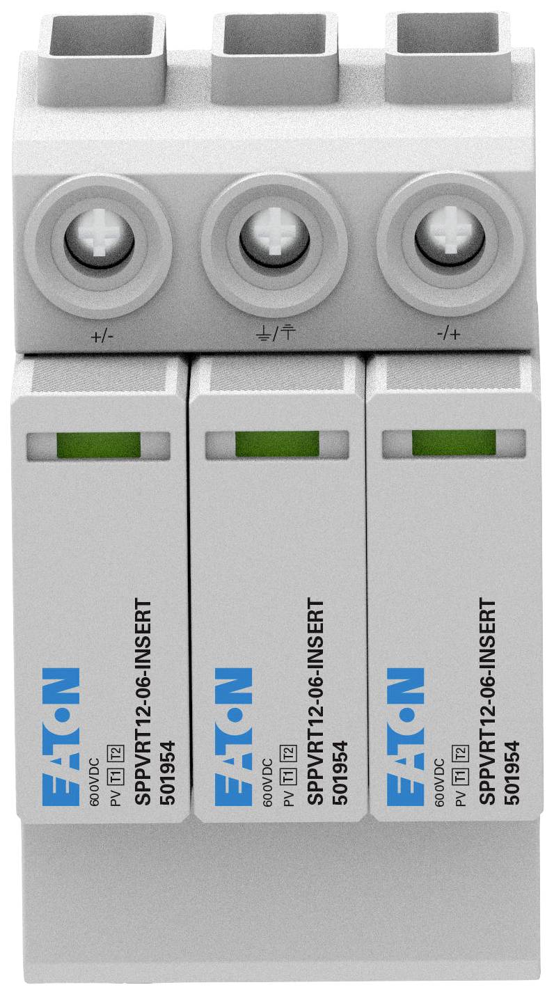 Drei graue Sicherungen von Eaton mit blauer Beschriftung, Modell SPXT12-06. Oberseite zeigt Plus- und Minuszeichen.