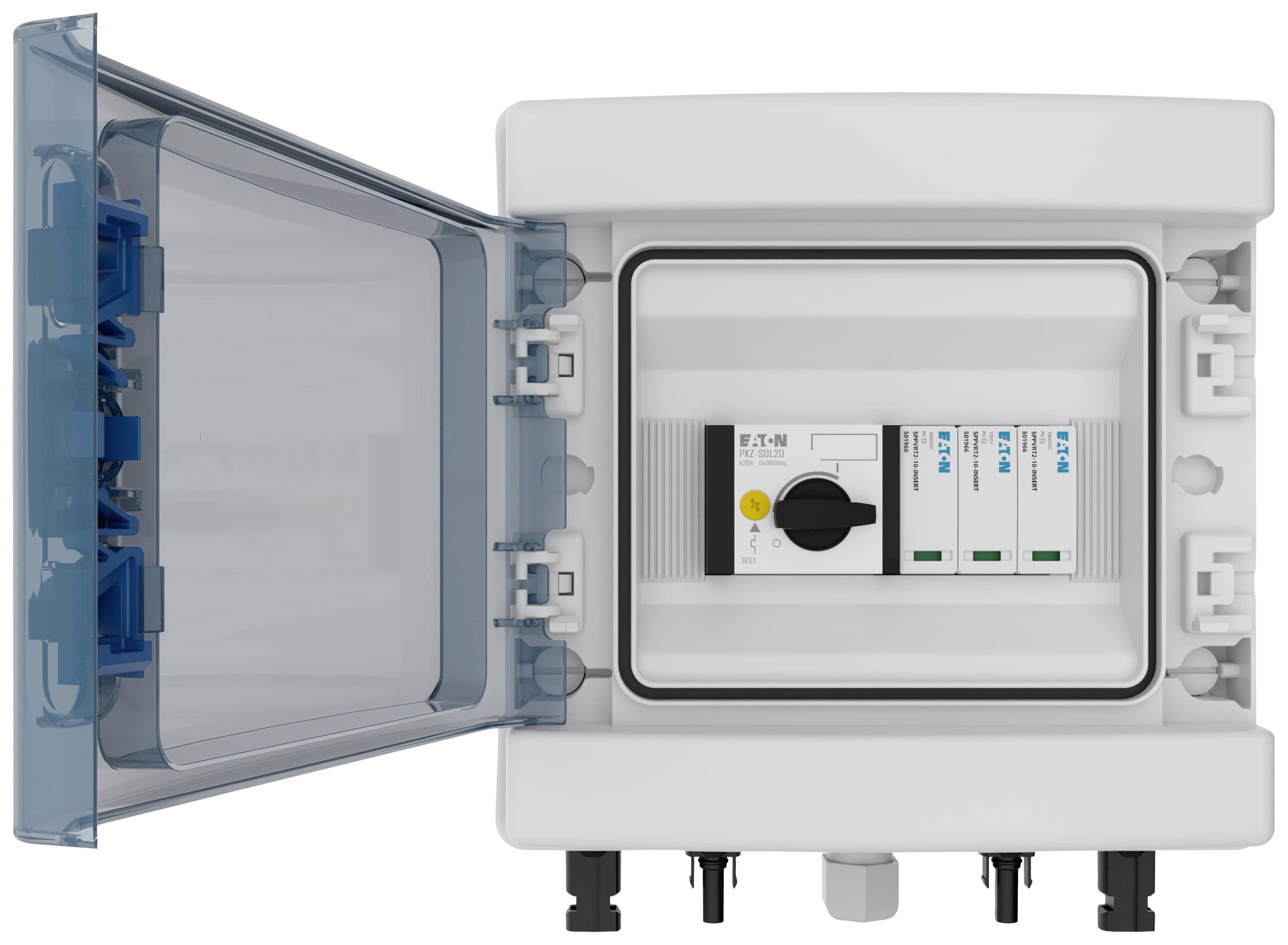 Geöffnetes elektrisches Schaltschrankgehäuse mit eingebauten Sicherungen und Schaltern; transparentes Frontpanel zeigt den Innenraum.