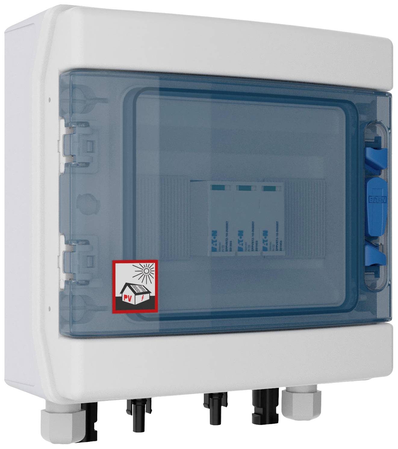 Weiße elektrische Box mit blauem transparentem Deckel. Rotes Symbol 'PV' zeigt Fotovoltaikanlage an. Kabelanschlüsse unten.