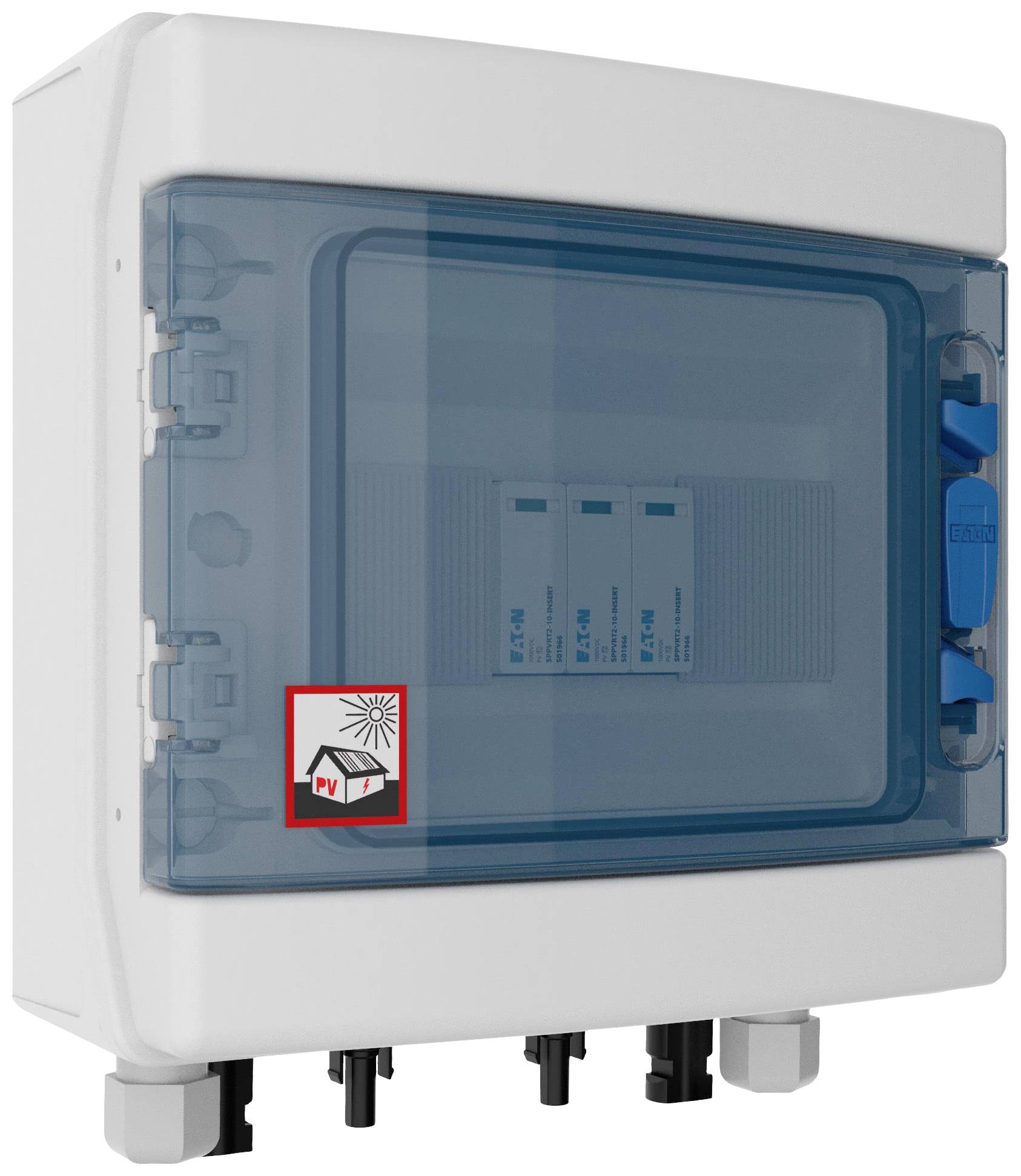 Kleiner Sicherungskasten mit transparentem blauen Deckel, darunter ein Aufkleber mit Solarzellen-Symbol und 'PV'-Text.