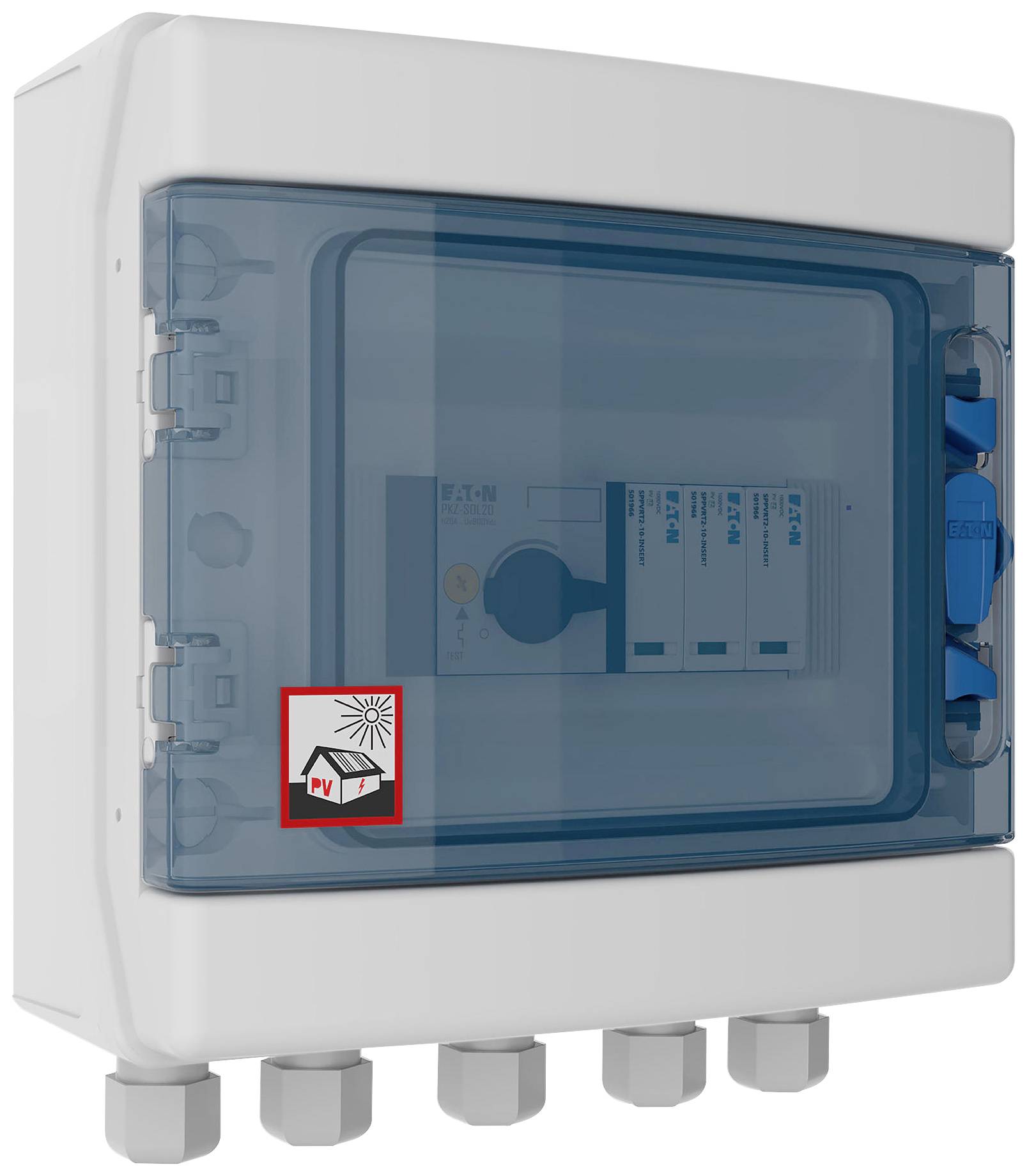 Ein elektrischer Sicherungskasten mit einer blauen Abdeckung. Links unten befindet sich ein Symbol für Fotovoltaik mit Sonnenstrahlen.