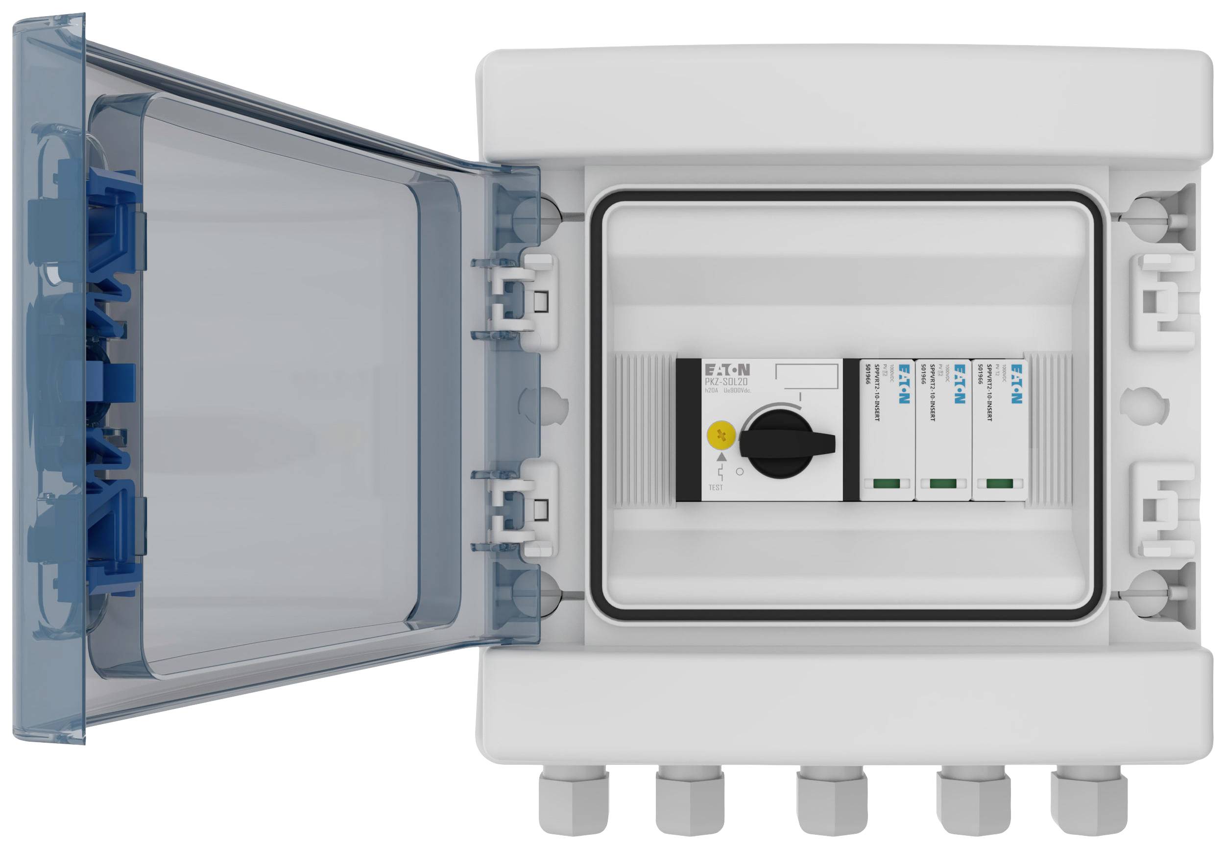 Elektrokasten mit geöffnetem Deckel, zeigt Schalter und Sicherungen, zur Steuerung elektrischer Verbindungen.