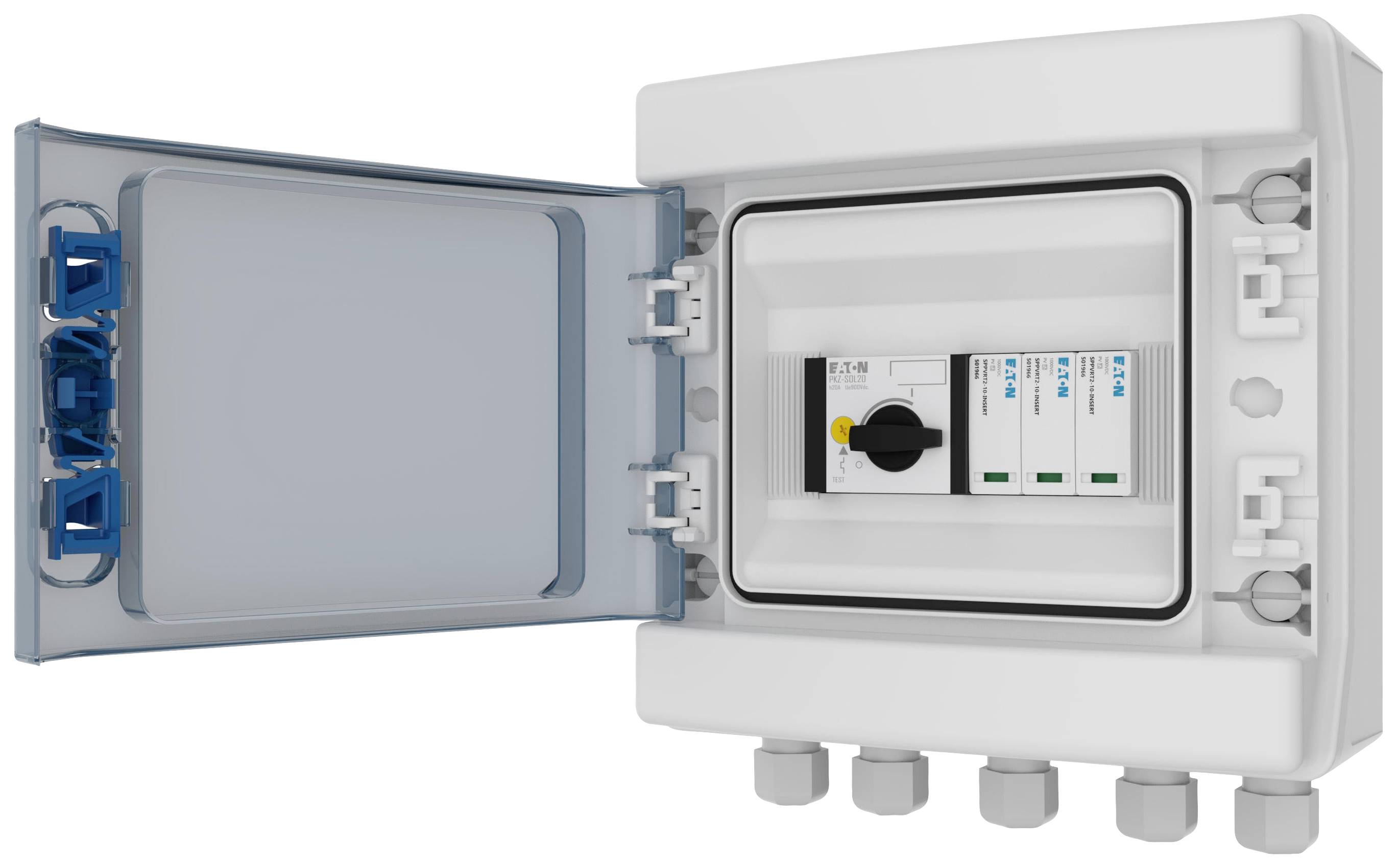 Ein offener Sicherungskasten zeigt drei installierte Sicherungsautomaten. Der Deckel ist zur Seite geöffnet, um die Sicherungen anzuzeigen.