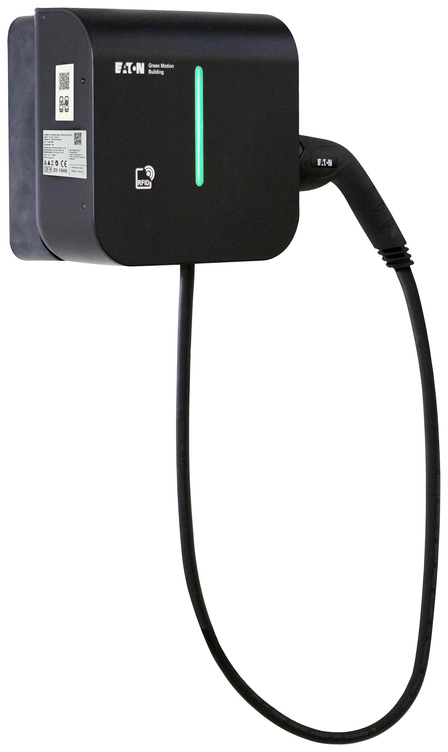 Eine schwarze elektrische Ladestation mit angeschlossenem Kabel und leuchtendem grünen Streifen auf der Vorderseite.