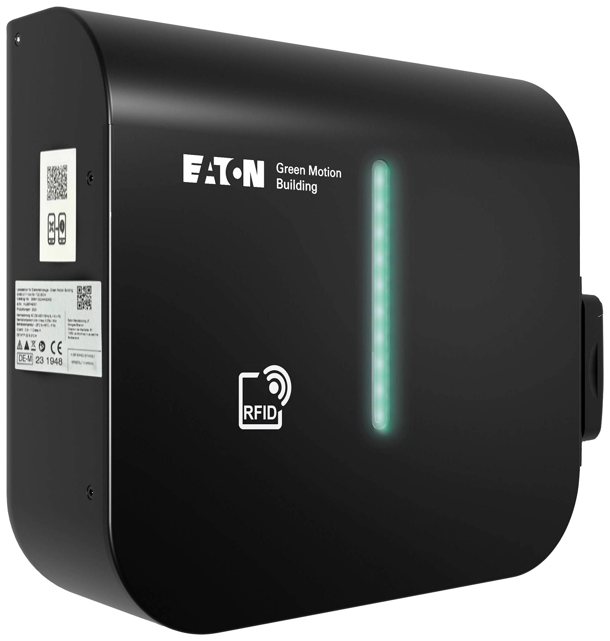 Schwarze Wand-Ladestation mit RFID-Logo, LED-Anzeige und QR-Code für Gebäude, Marke 'Eaton'.