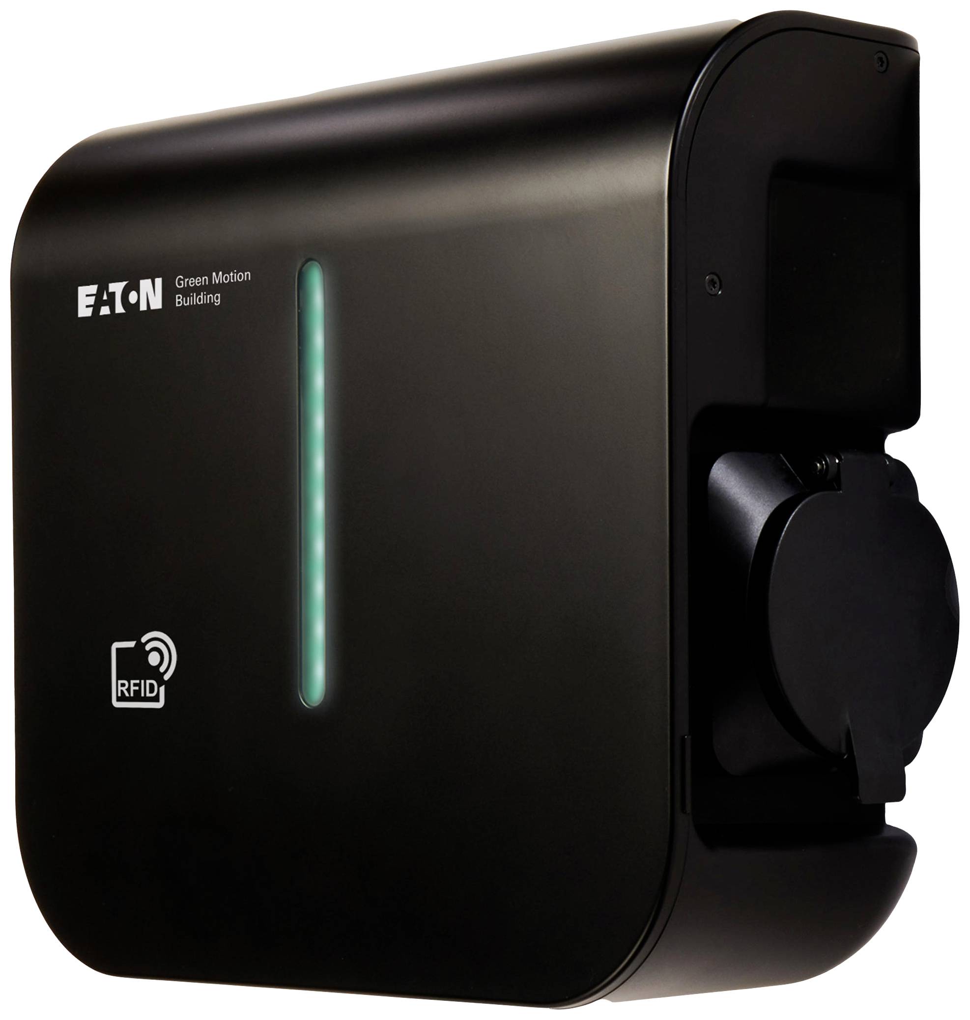 Schwarze Ladestation mit RFID-Symbol und grün leuchtendem Streifen, markiert mit 'Eaton Green Motion Building'.