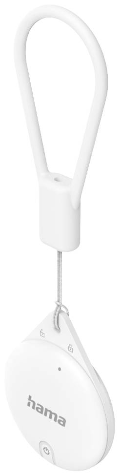 Ein kleiner, runder, weißer Bluetooth-Tracker von Hama mit einem Anhänger aus Metall und Kunststoff, zur Positionsbestimmung von Gegenständen.