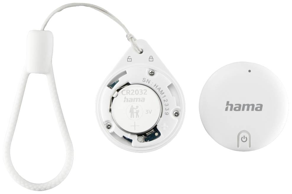 Kleiner, weißer Bluetooth-Tracker von Hama mit Batteriefach und Schlaufe, geeignet für Schlüsselbund oder Taschen, zum Auffinden von Gegenständen.