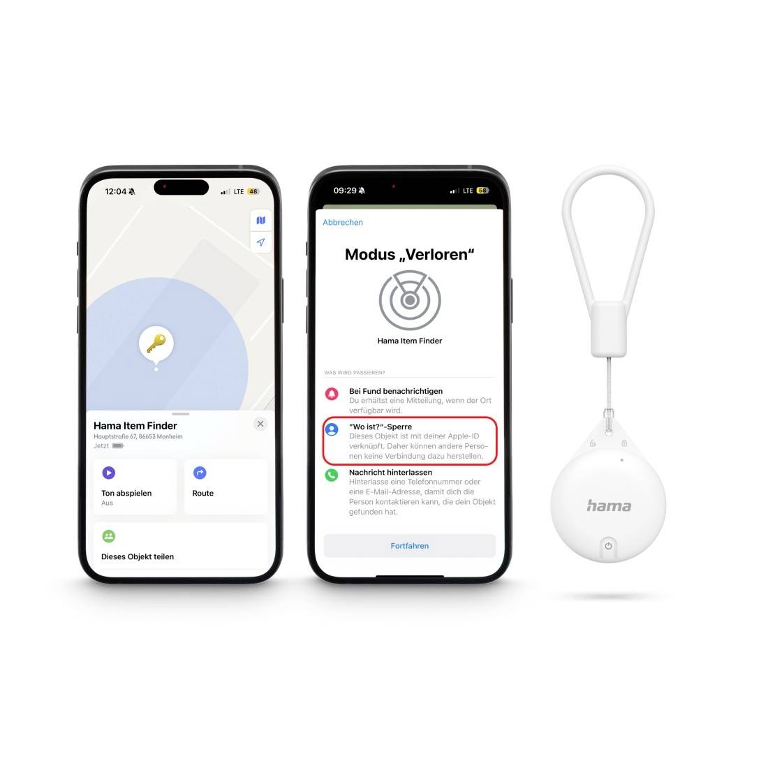 Zwei Smartphones zeigen die App zur Ortung eines Hama Item Finders; daneben das Gerät selbst mit Schlüsselring.