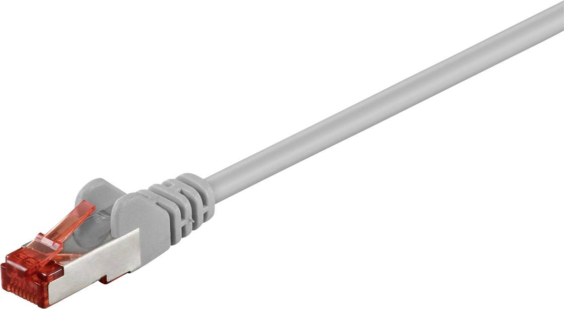 Graues Ethernet-Kabel mit rotem Stecker, verwendet für Netzwerkverbindungen.
