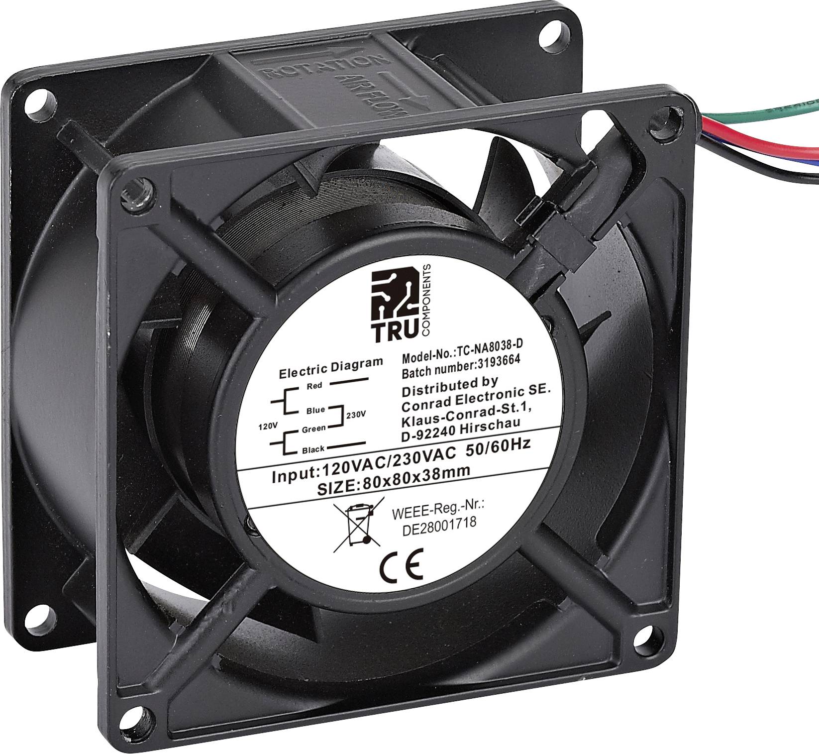 Lüfter mit technischen Spezifikationen: Modell-Nr. TFC-N4030B-D, Größe 80x80x38 mm, Eingang 120V/230V AC, 60/50Hz.