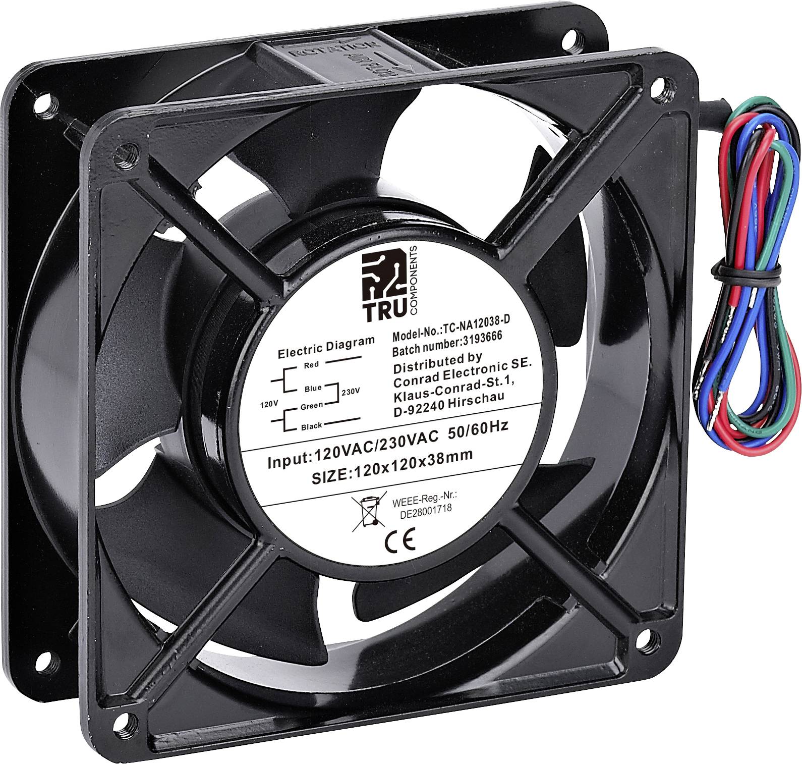 TRU COMPONENTS TC-NA12038-D Axiallüfter 230 V/AC, 120 V/AC 170 m³/h (L x B x H) 120 x 120 x 38 mm