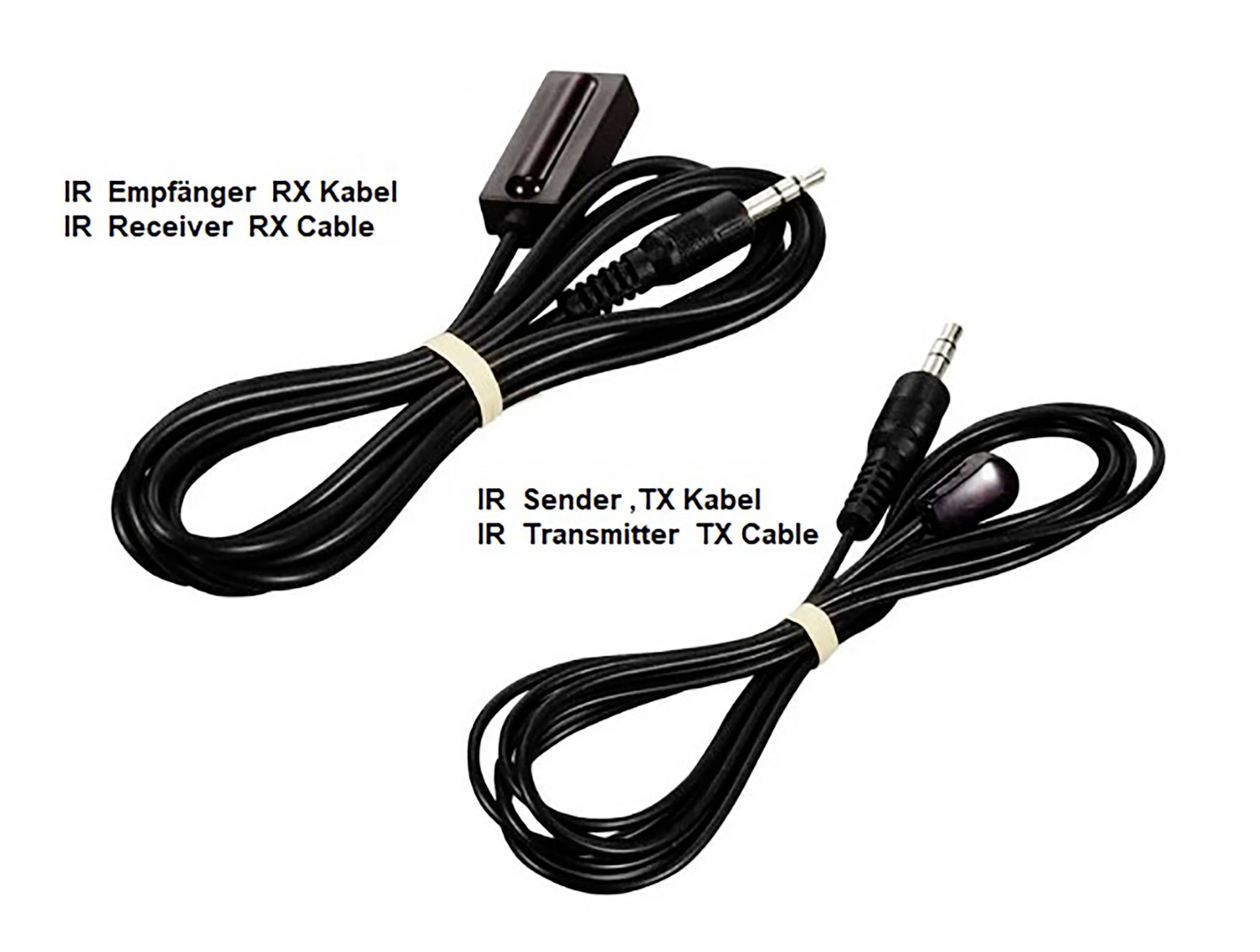 Zwei Kabel mit Klinkensteckern und Aufklebern: 'IR Empfänger RX Kabel' und 'IR Sender TX Kabel'. Beide sind schwarz und zusammengerollt.