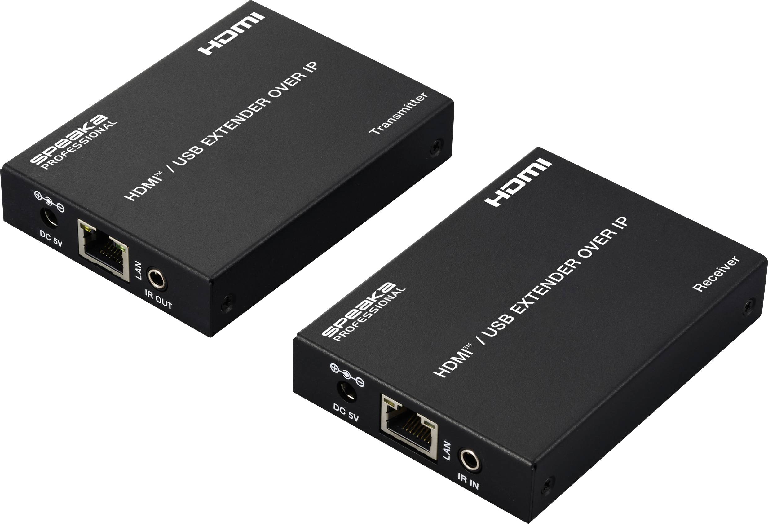 Zwei schwarze Geräte mit der Aufschrift 'HDMI/USB Extender Over IP', gekennzeichnet als 'Transmitter' und 'Receiver', zur Signalübertragung.