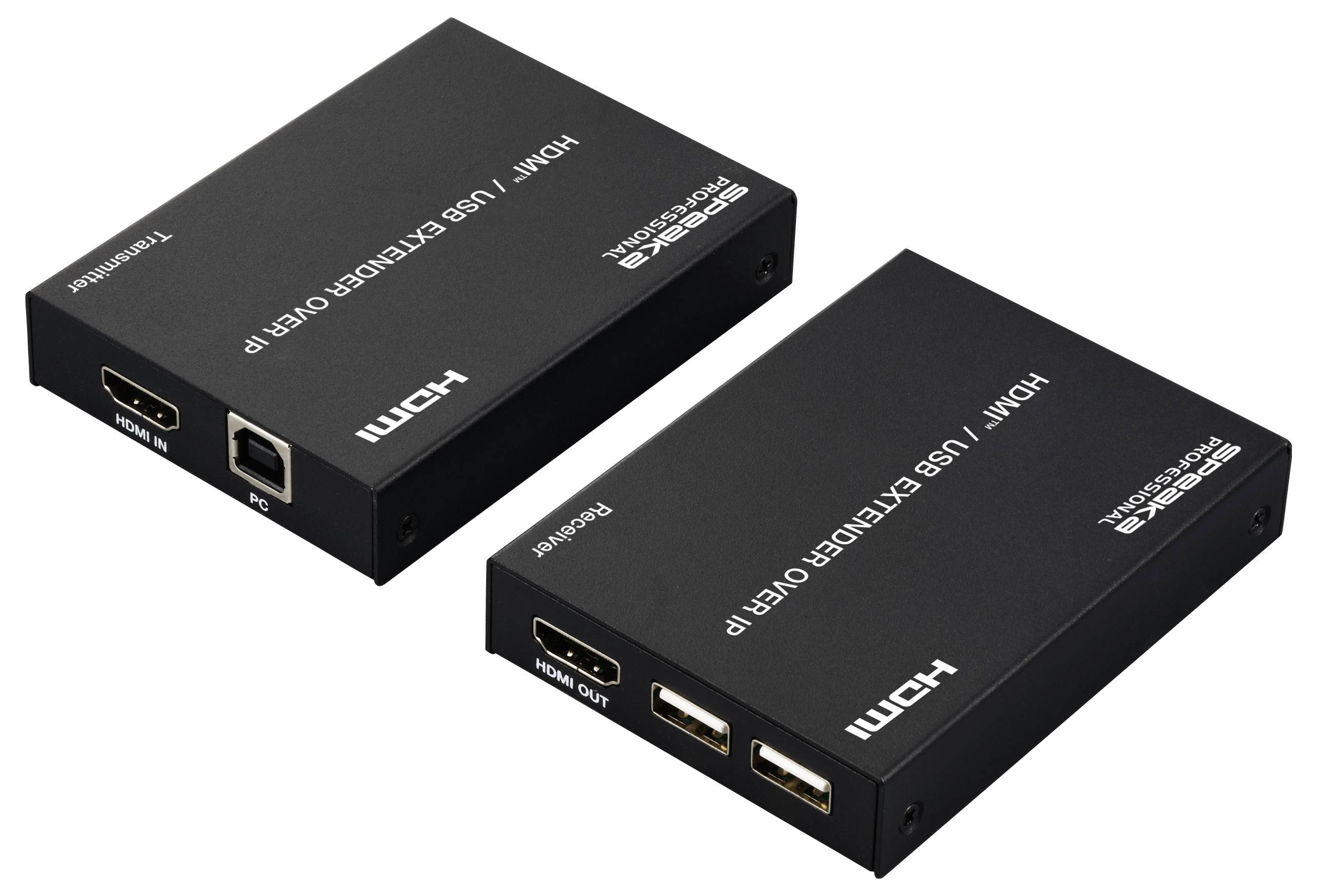 Zwei schwarze HDMI/USB-Extender-Module, eines mit HDMI-In und USB sowie ein zweites mit HDMI-Out und USB-Anschlüssen, jeweils beschriftet.