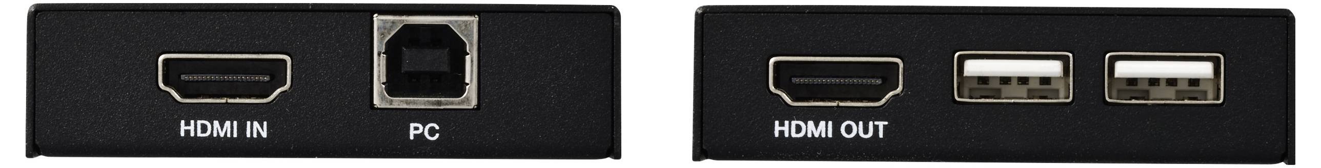 Rückseite eines elektronischen Geräts mit Anschlüssen: Links 'HDMI IN', 'PC'; rechts 'HDMI OUT', zwei USB-Anschlüsse.