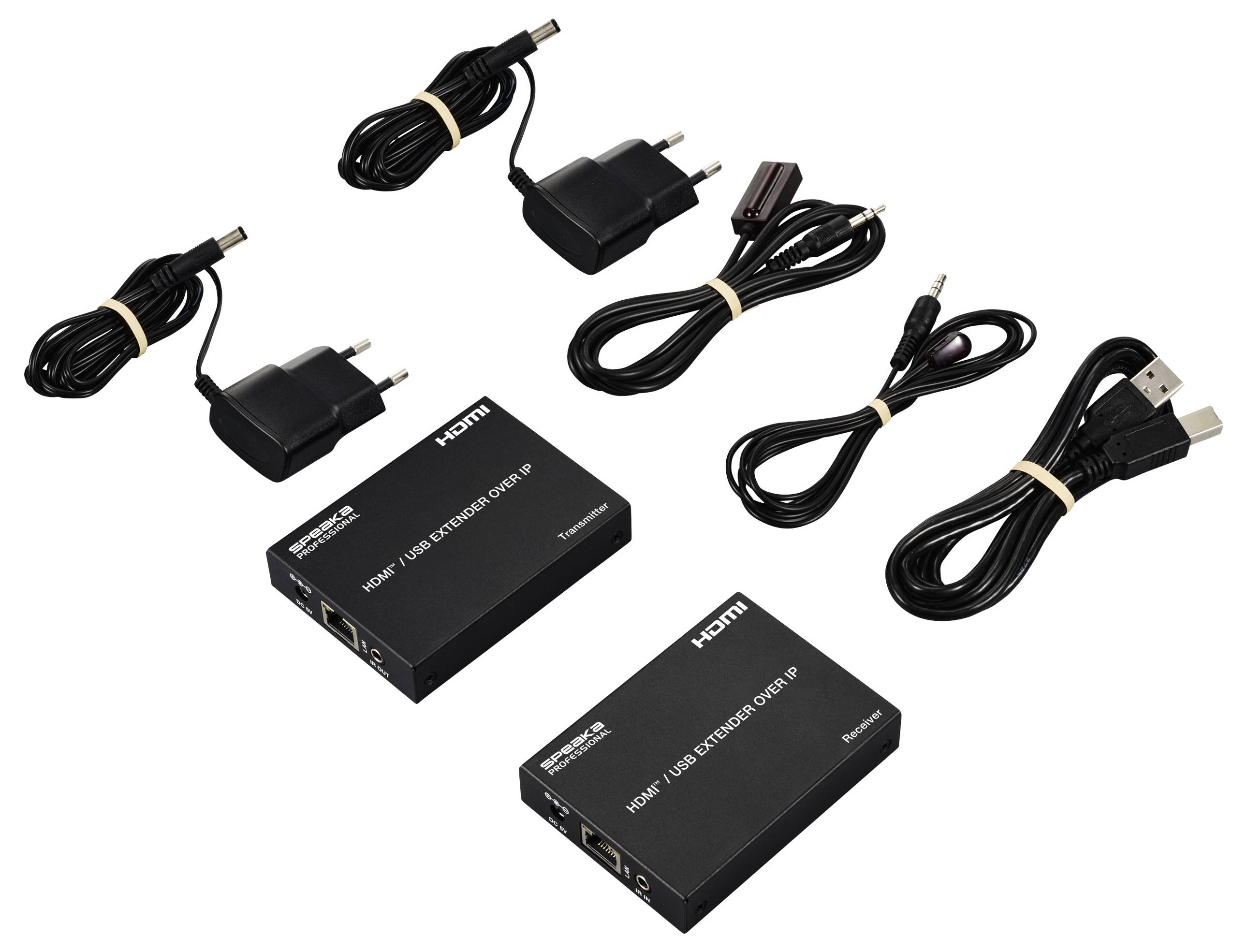 Das Bild zeigt ein Set von HDMI-USB-Extendern mit Netzteilen und Kabeln. Die Geräte sind schwarz und mit verschiedenen Kabeln verbunden.