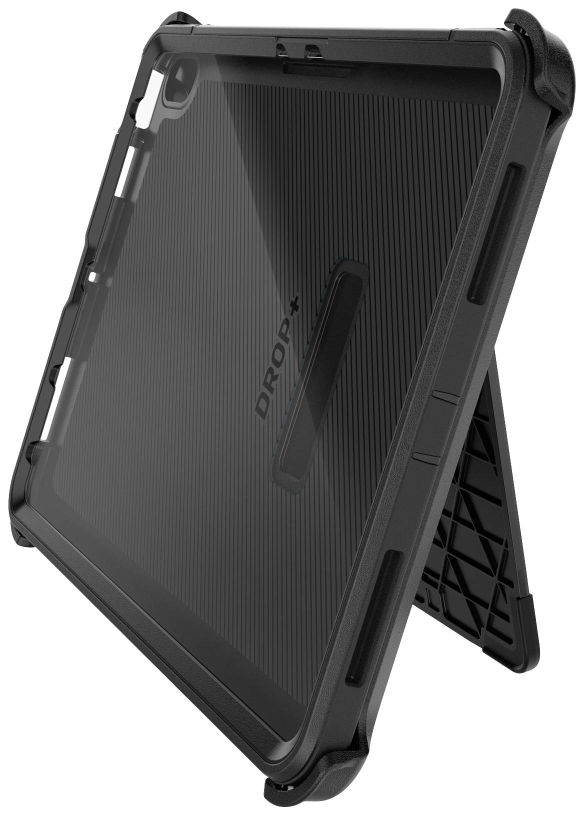 Ein robuster Tablet-Ständer in Schwarz mit integrierter Stütze für horizontale Ansicht, geeignet für den sicheren Halt eines Tablets.