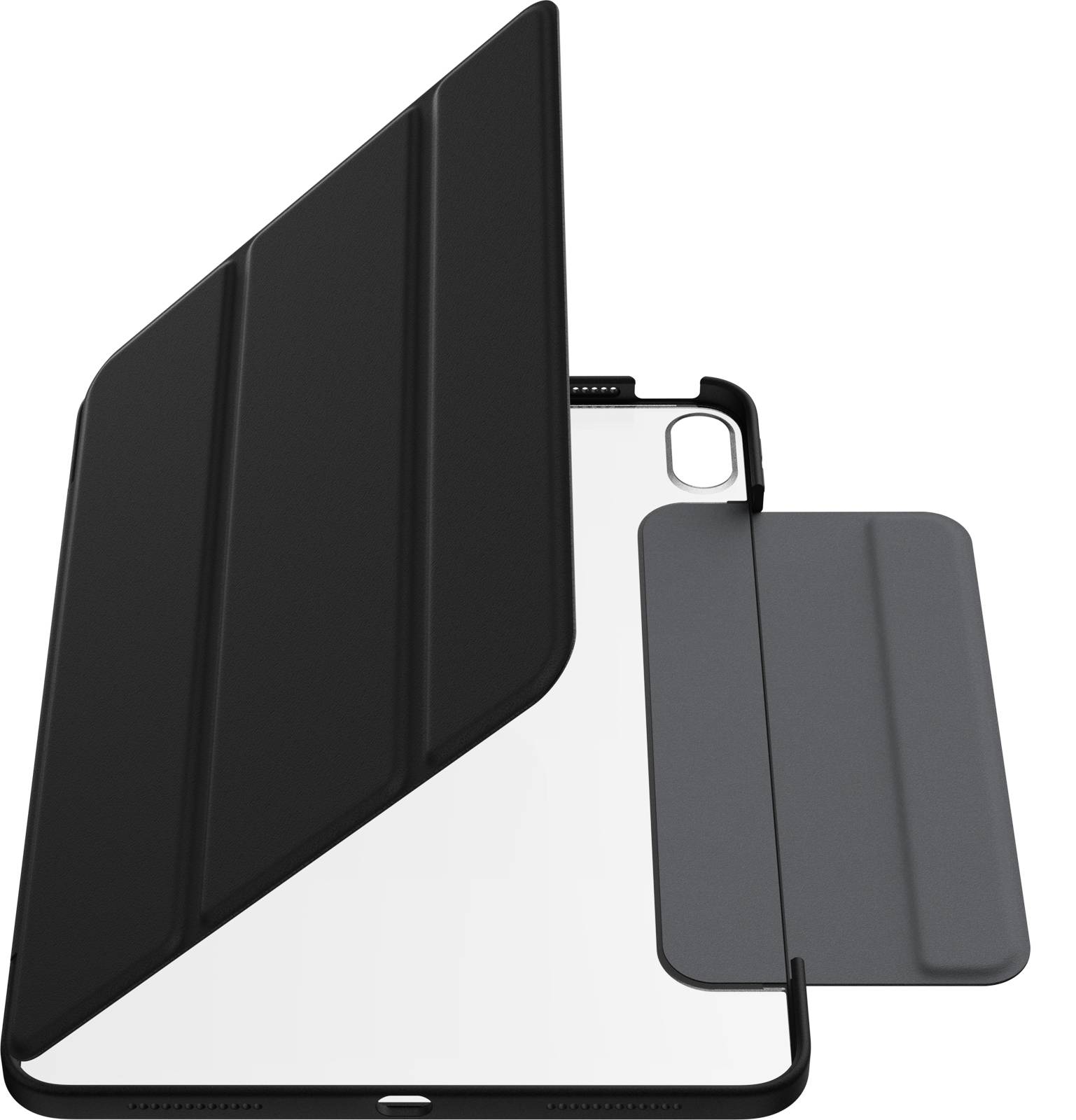 Eine schwarze Schutzhülle mit Faltdeckel, offen gezeigt, passend für ein Tablet.