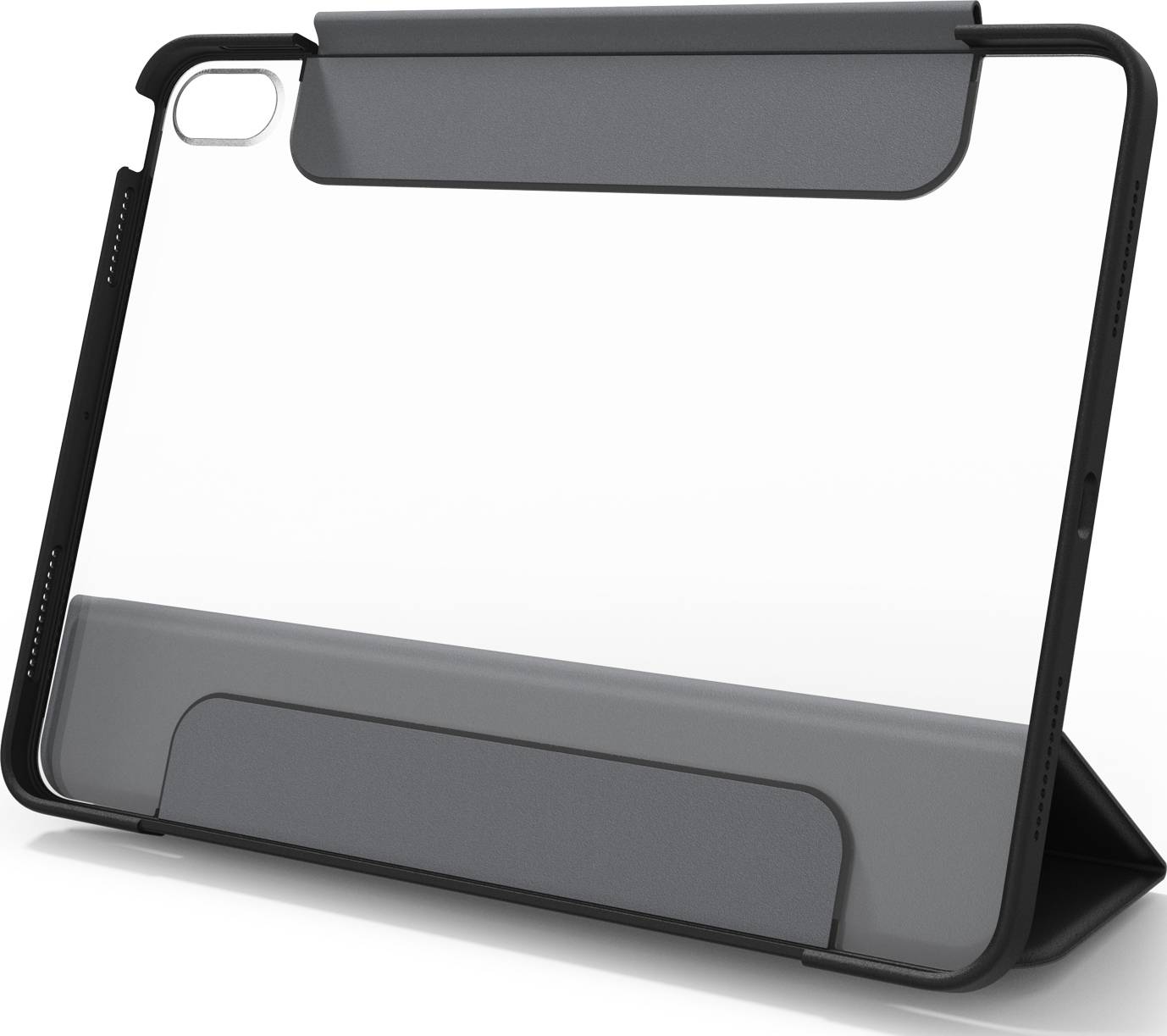 Klapper Box, Rückansicht mit grauer Klappe in geöffnetem Zustand. Zeigt schwarz-graues Design, genutzt für Schutz oder Aufbewahrung.