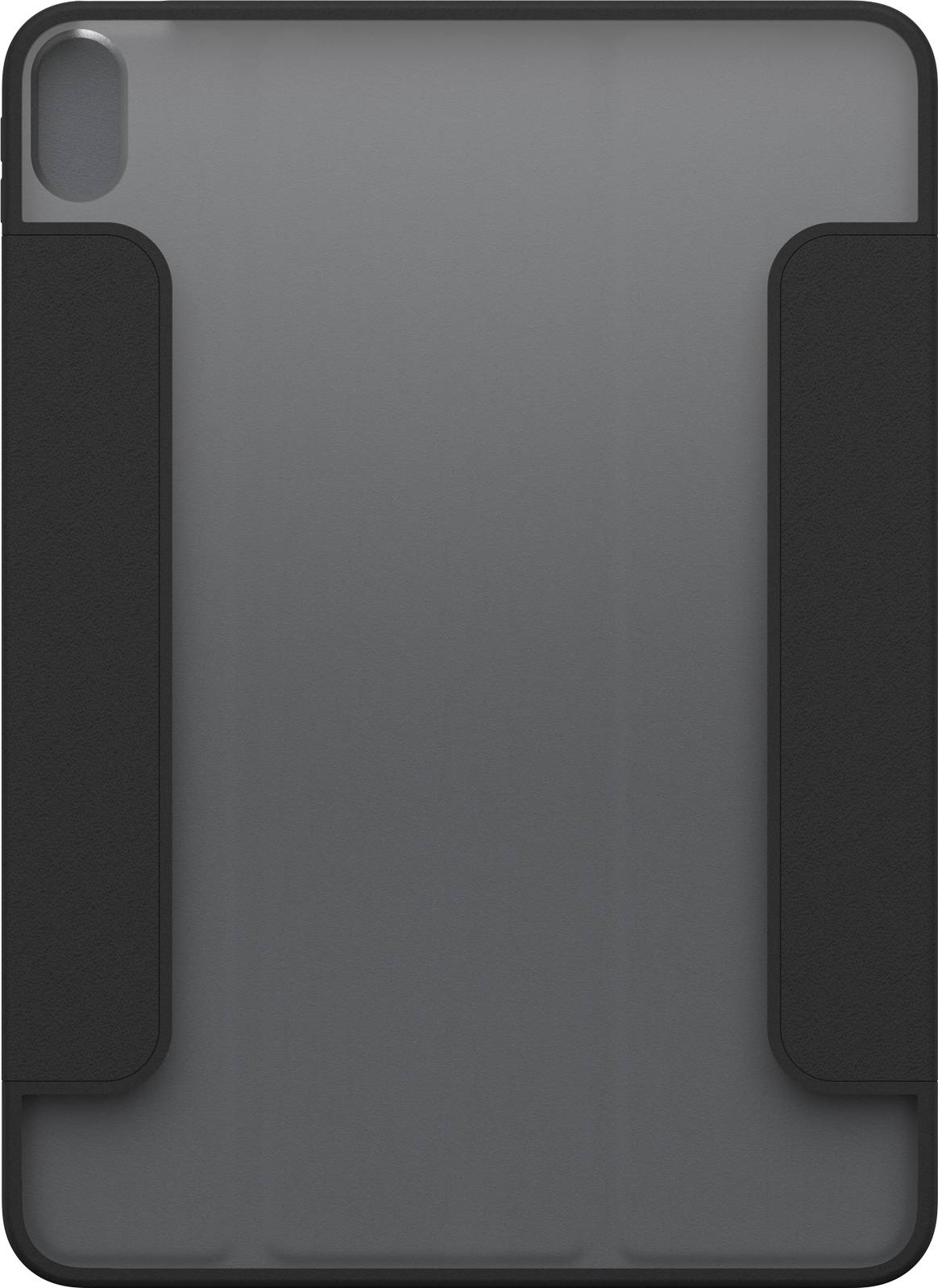 Eine schwarze Tablethülle mit einer Kameraaussparung in der oberen linken Ecke. Die Hülle hat eine glatte, matte Oberfläche.