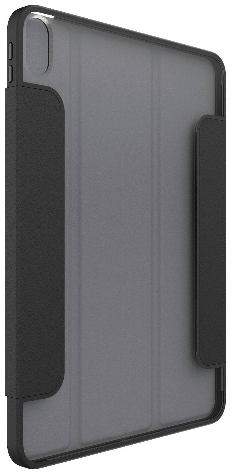 Ein schwarzes Tablet-Etui mit Klappdeckel ist abgebildet. Es hat abgerundete Kanten und wirkt stabil.