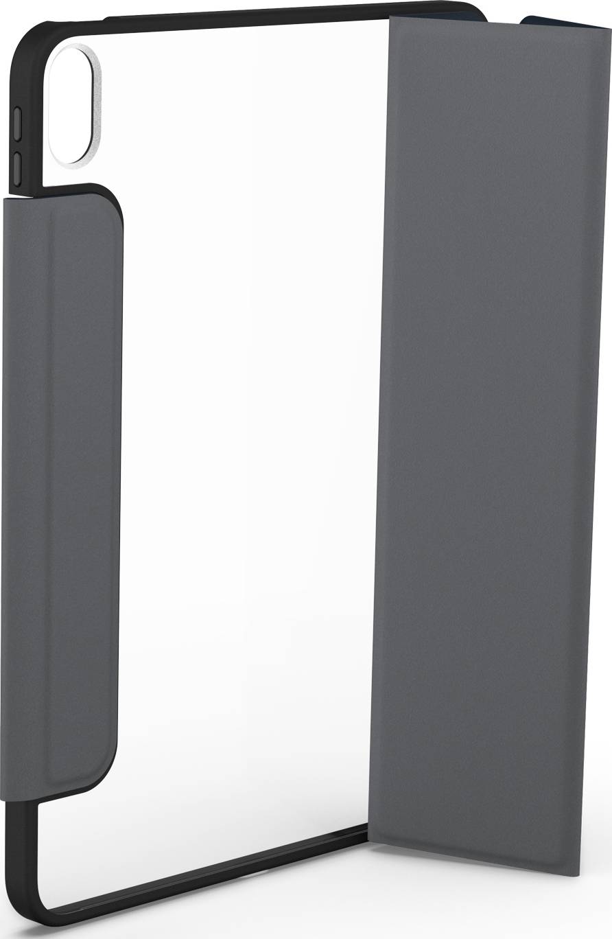 Graues Tablet-Case mit Klappdeckel, geeignet für den Schutz von Tablets. Klarer Rücken und flexible Fronteinfassung.