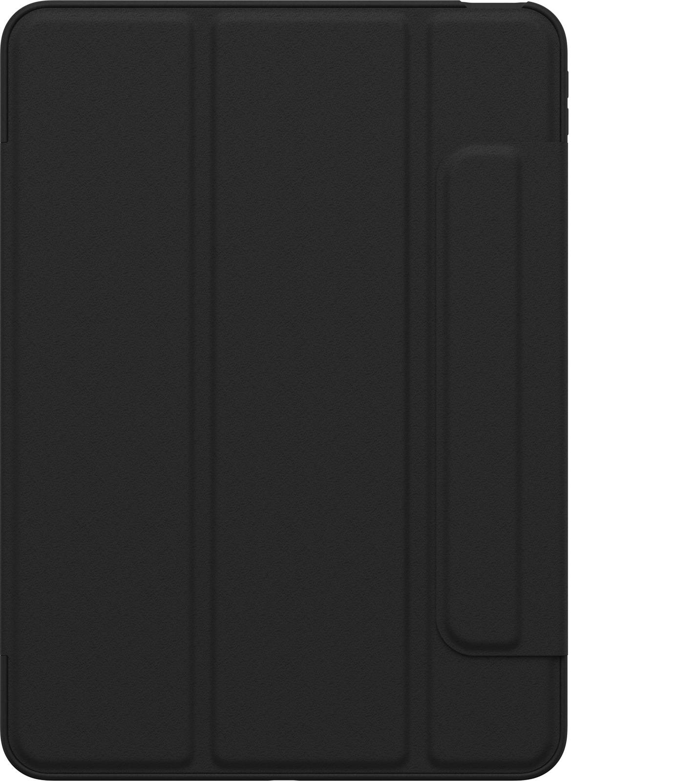 Eine schwarze Tablet-Hülle in geschlossenem Zustand, schlichtes Design, robust und minimalistisch.