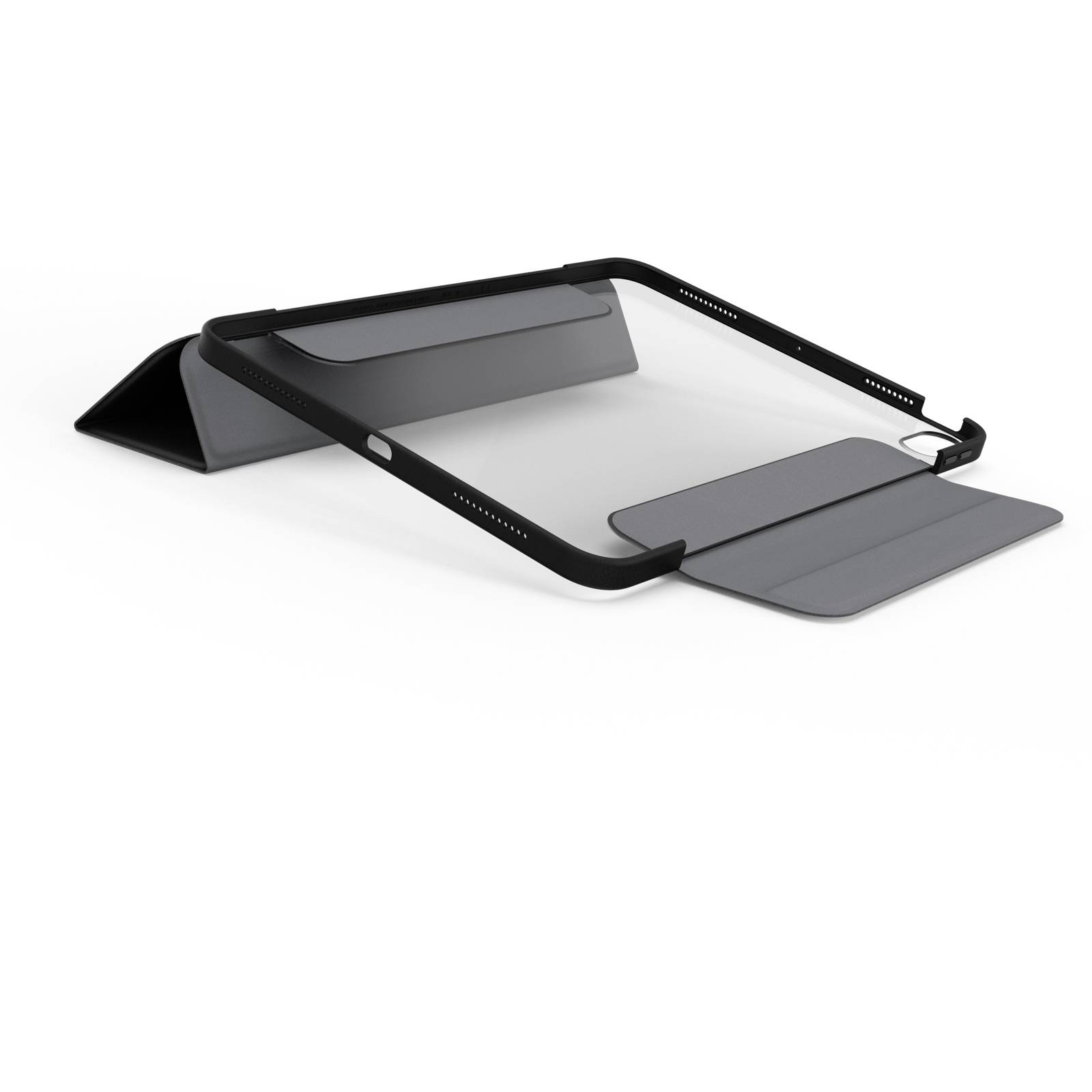 Laptop-Ständer mit schwarzem Rahmen und grauer Auflage, seitlich geöffnet und verstellbar, bietet ergonomische Arbeitsposition.