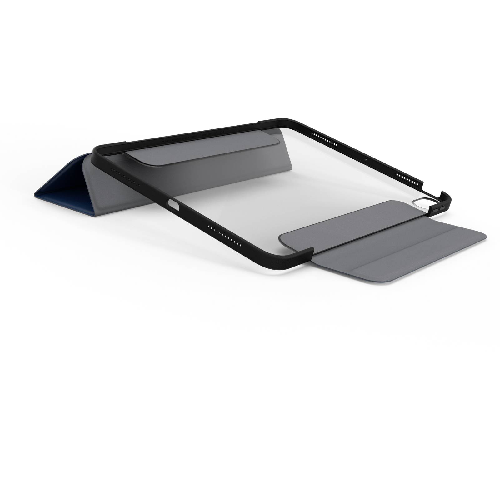 Laptoptasche mit integrierter Faltmechanik, die als Ständer dient. Schwarz-graues Design, funktional für ergonomisches Arbeiten.