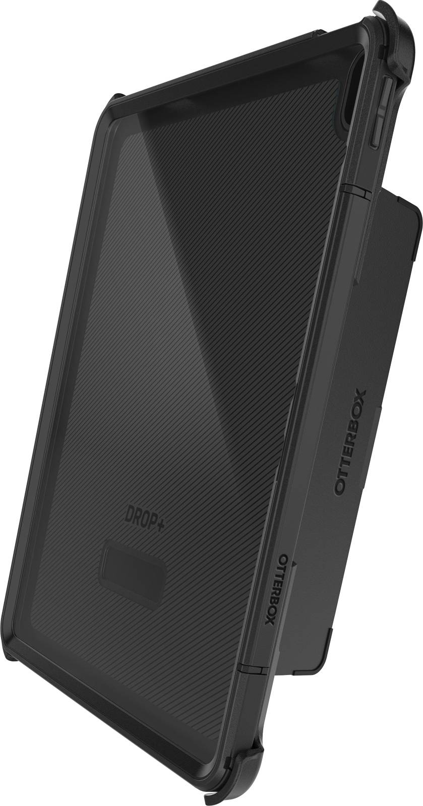 Schwarzes Otterbox-Tabletgehäuse in schräger Ansicht, zeigt robustes Design und Stoßschutz. Ideal für den Schutz von Geräten unterwegs.