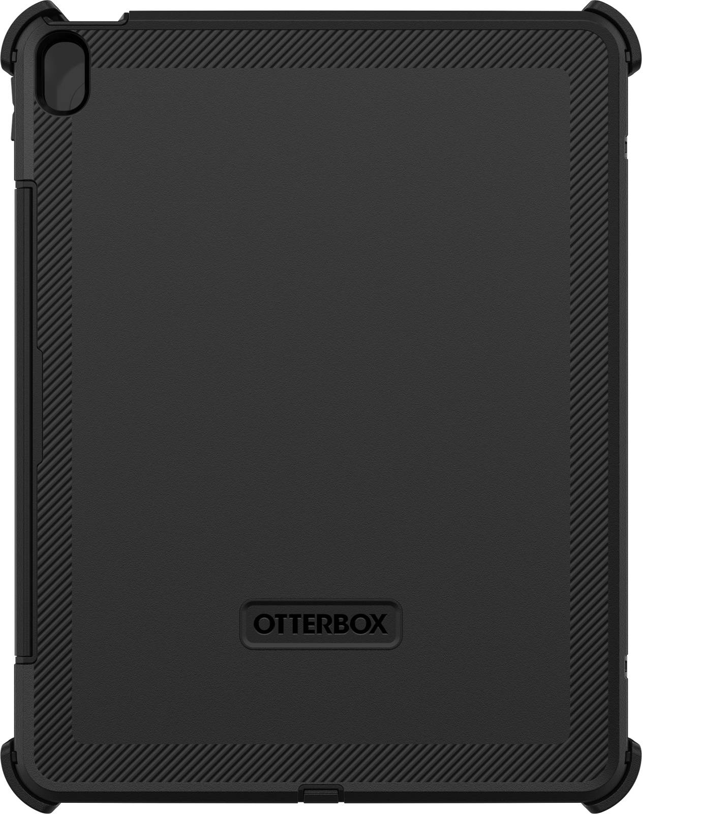 Eine schwarze Otterbox-Schutzhülle für ein Tablet, bekannt für ihre robuste Bauweise und Eckenverstärkungen zum Schutz vor Stürzen.