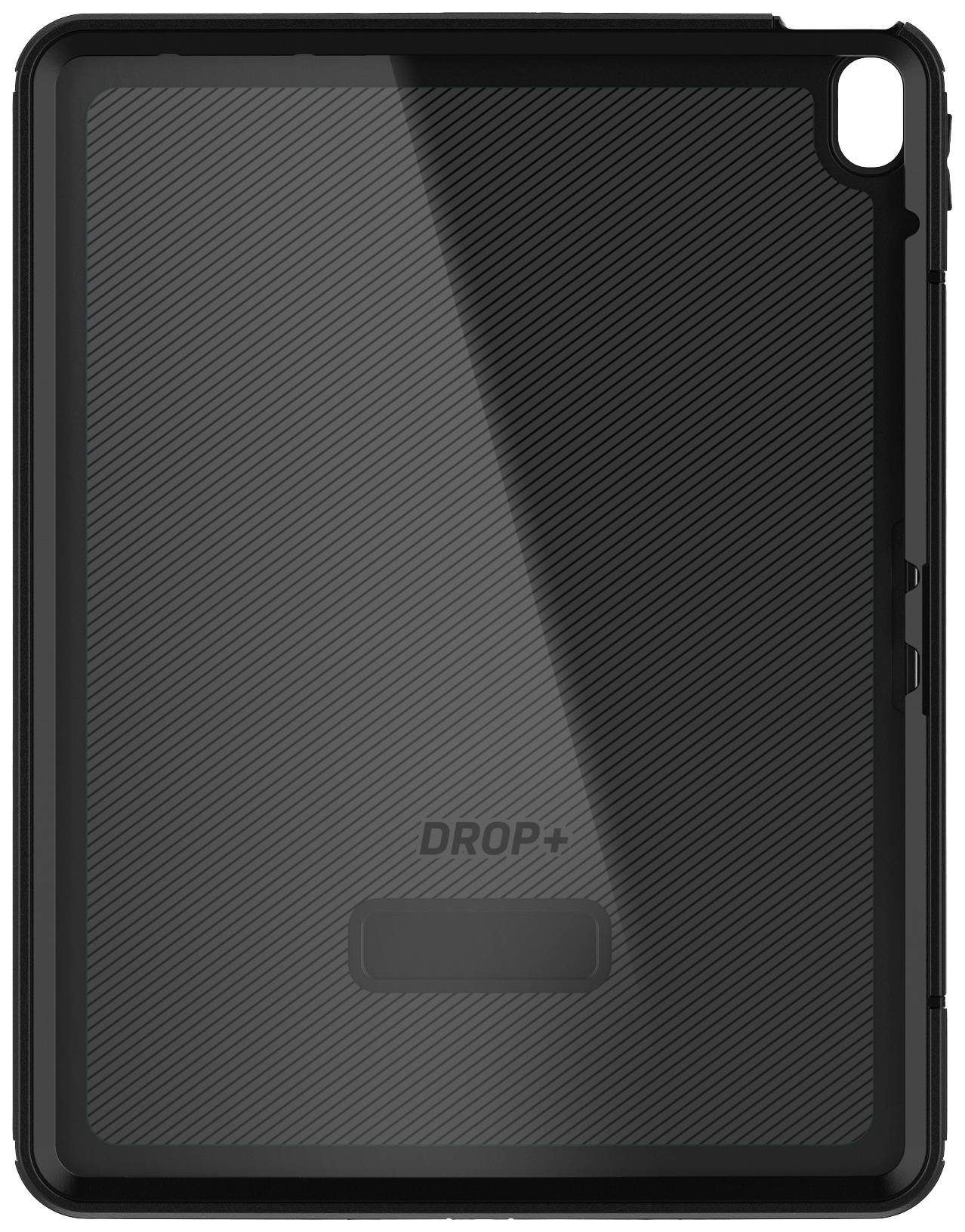 Schwarze Tablet-Schutzhülle mit diagonalen Streifen und rechteckigem Ausschnitt oben rechts, markiert mit 'DROP+'.