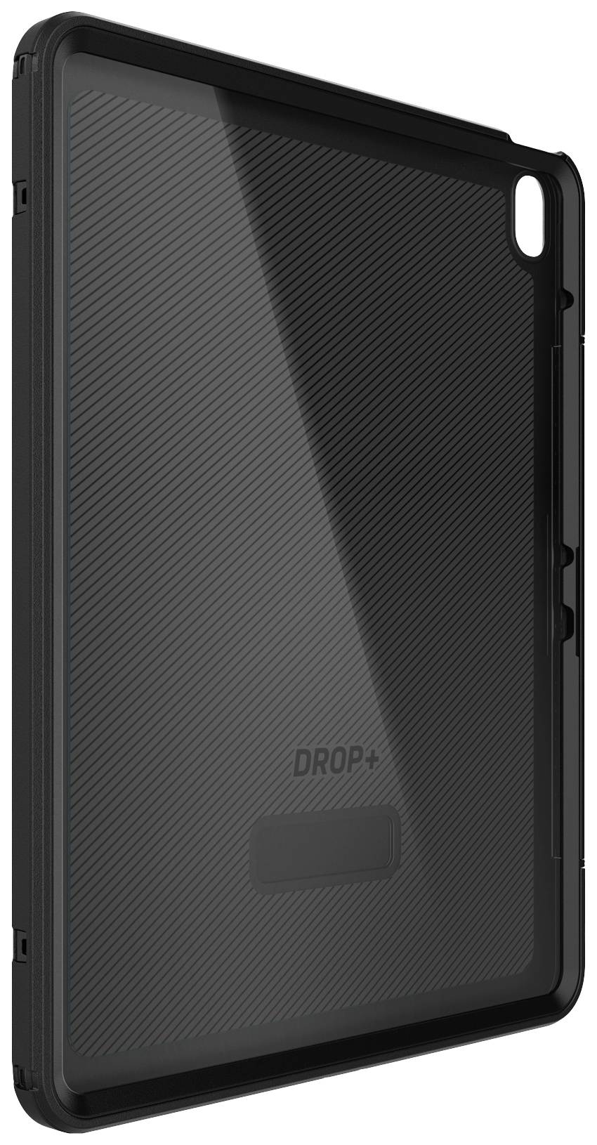 Schwarze, robuste Tablet-Schutzhülle mit diagonaler Textur und Aussparungen für Kamera und Anschlüsse, Markenname 'DROP+' sichtbar.