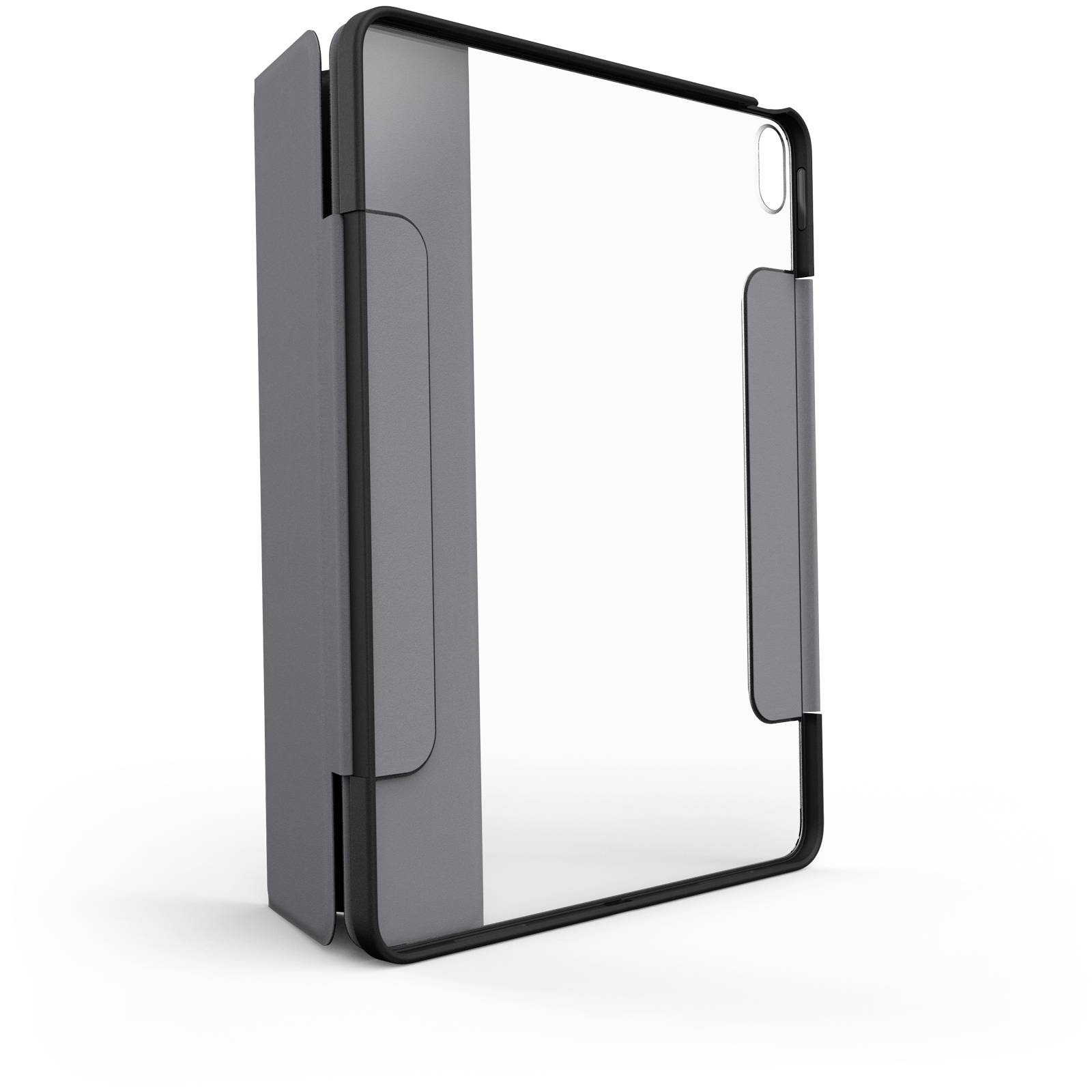 Schutzhülle für ein Tablet, mit grauem und transparentem Design, zeigt schützende Klappen für Stabilität und Zugang zu Anschlüssen.