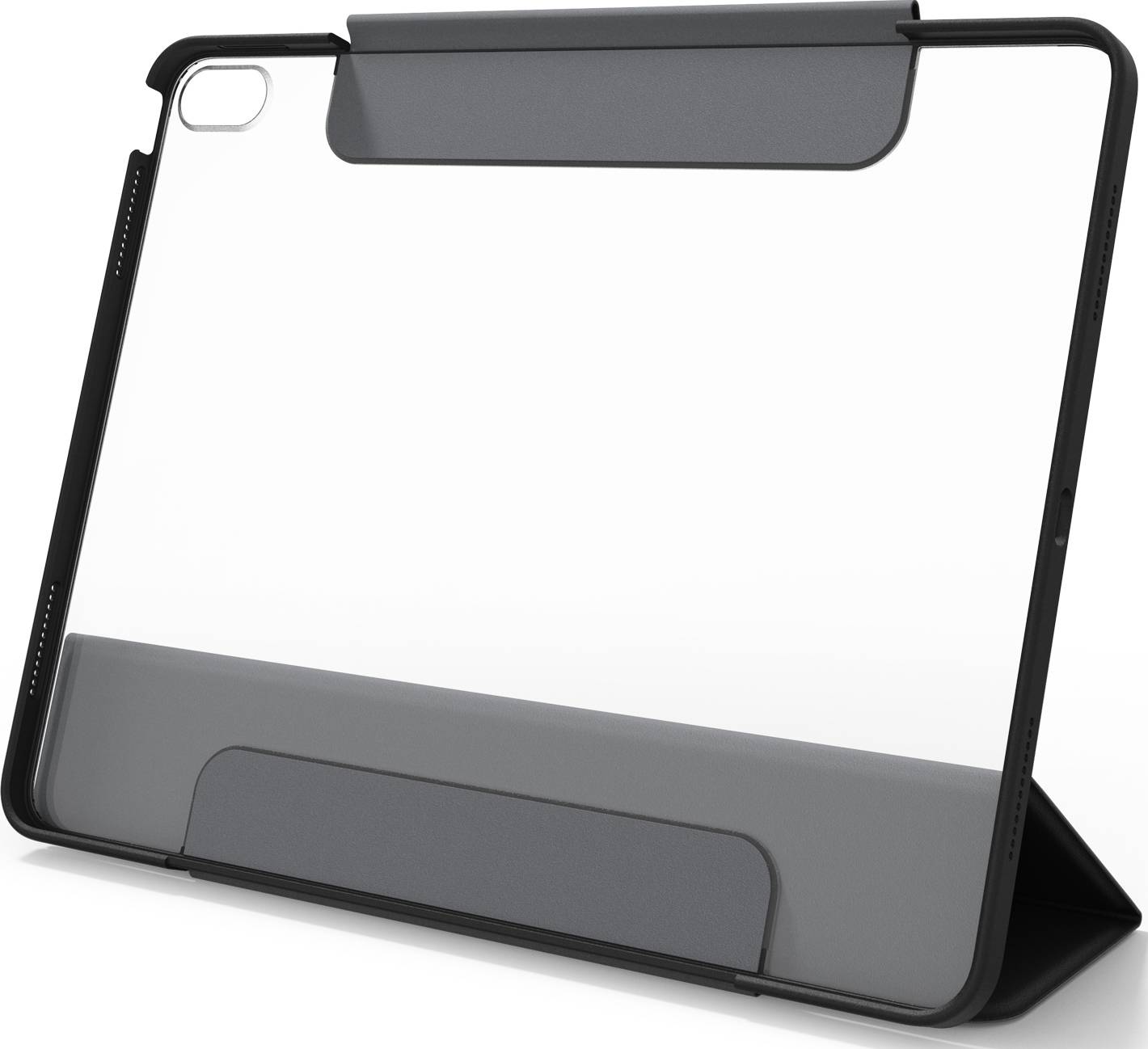 Schutzhülle aus schwarzem Kunststoff für ein Tablet, mit integrierter Standfunktion und Aussparungen für Kamera und Anschlüsse.