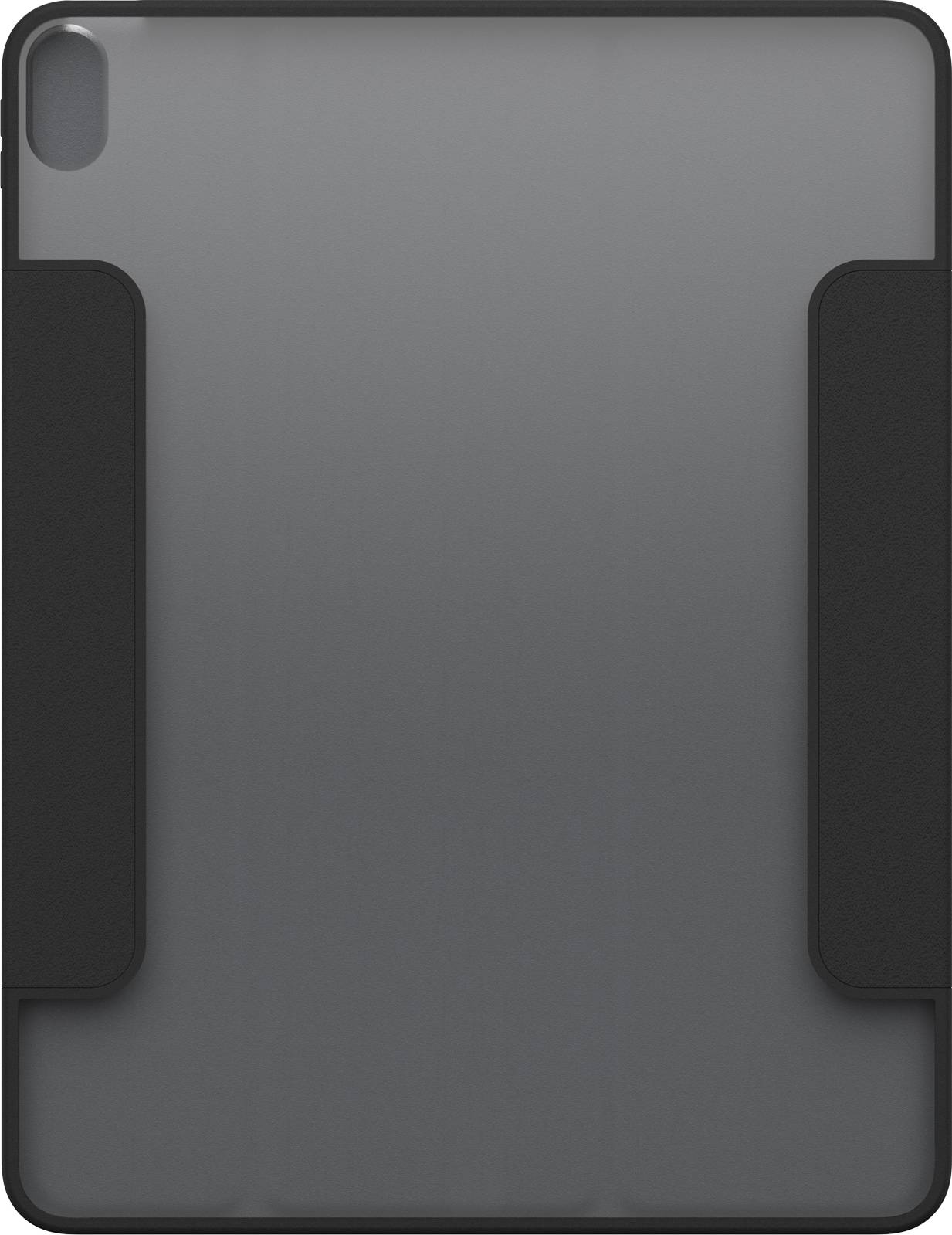 Eine graue Tablet-Hülle mit einer festen Rückseite und schwarzen Kanten. Sie bietet Schutz und hat Aussparungen für Kamera und Knöpfe.