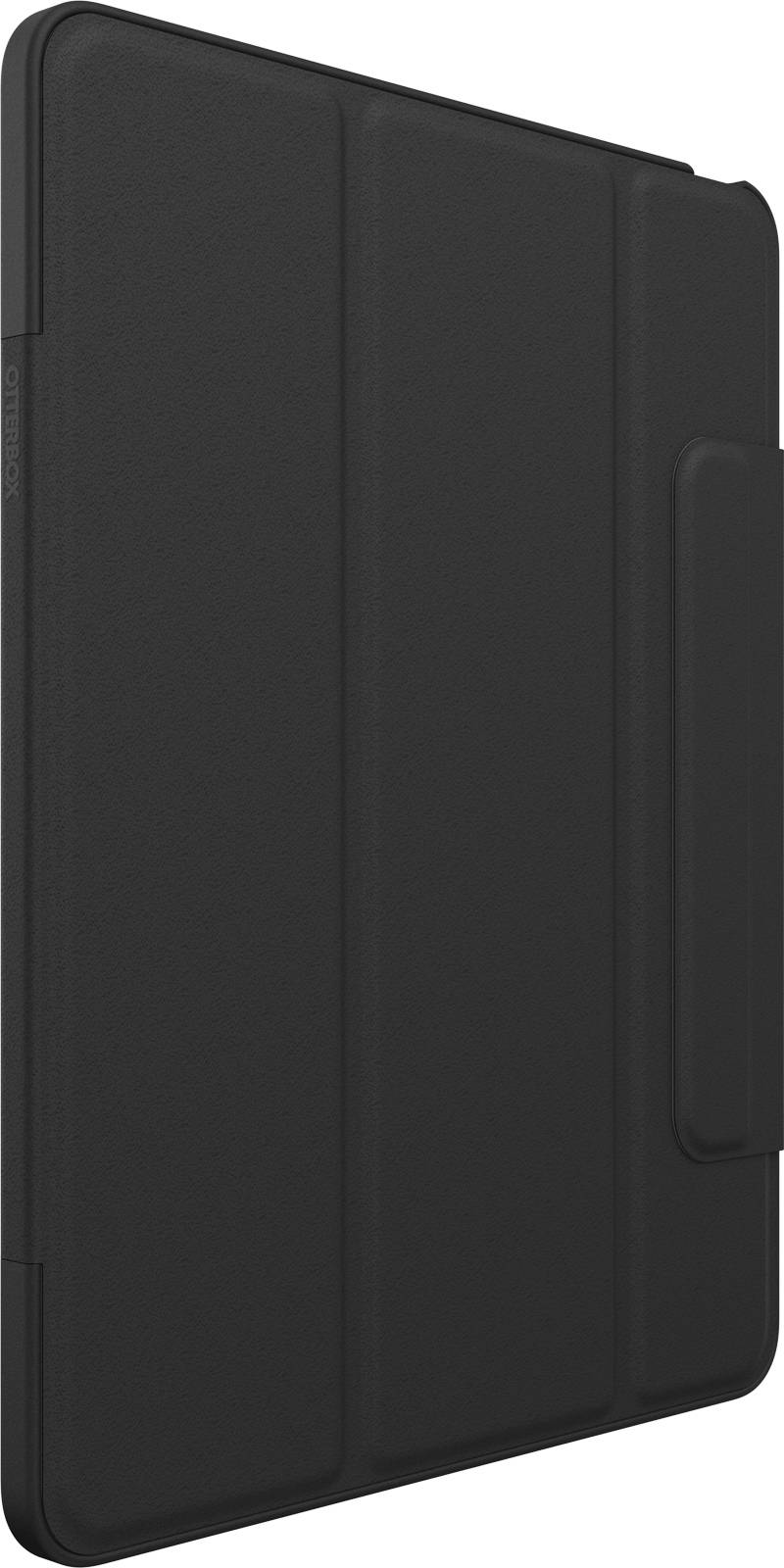 Schwarze Tablet-Hülle mit Klappfunktion, stehend auf einer flachen Oberfläche.