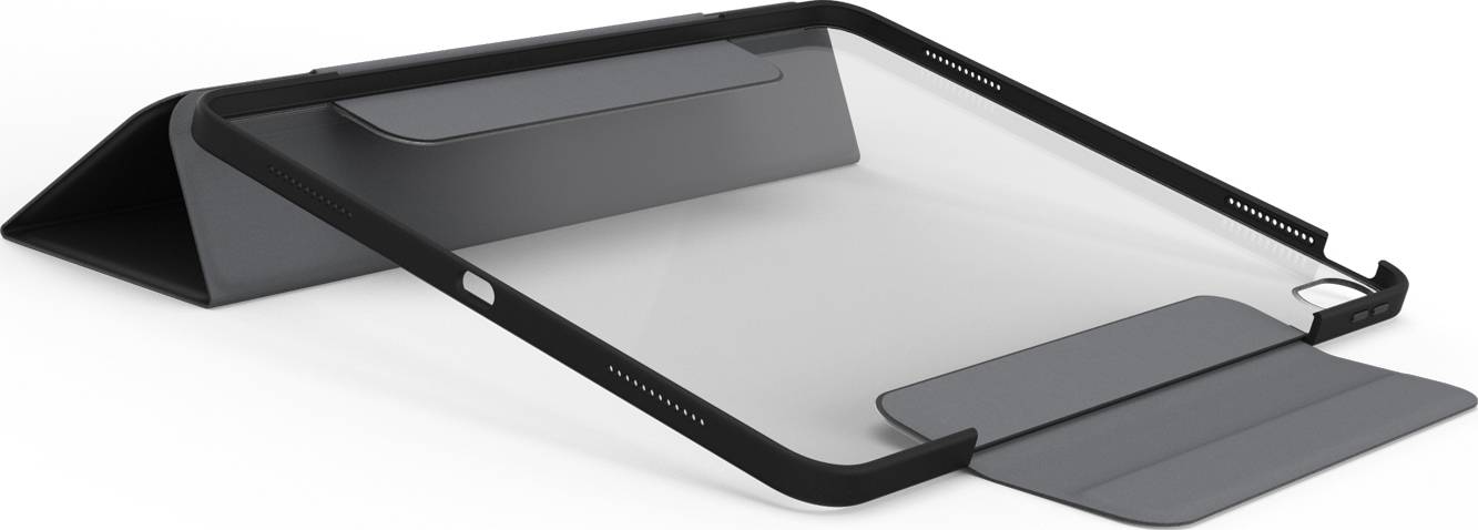 Tablet-Hülle in Schwarz mit klappbarem Standfuß, sorgt für Stabilität und Schutz eines Tablets, ideal für praktischen Gebrauch.