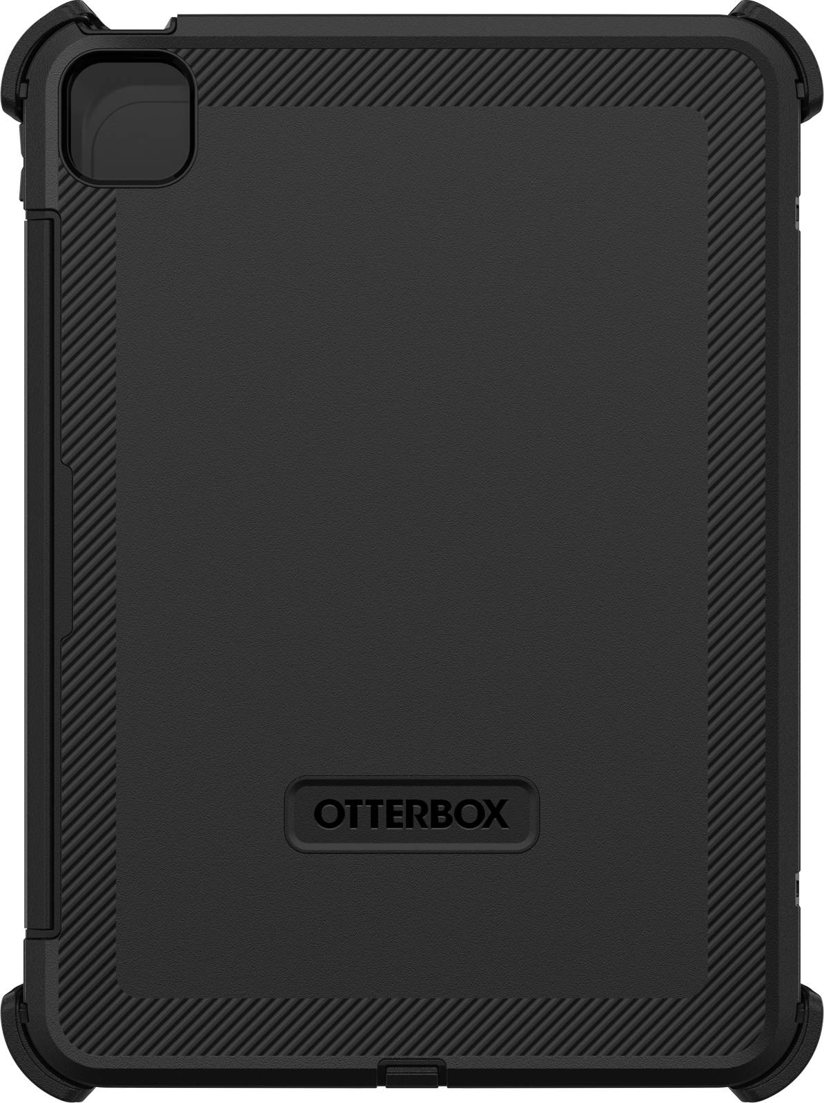 Rückansicht einer schwarzen OtterBox-Schutzhülle für Tablets, zeigt robustes Design mit verstärkten Ecken und strukturierten Seiten.