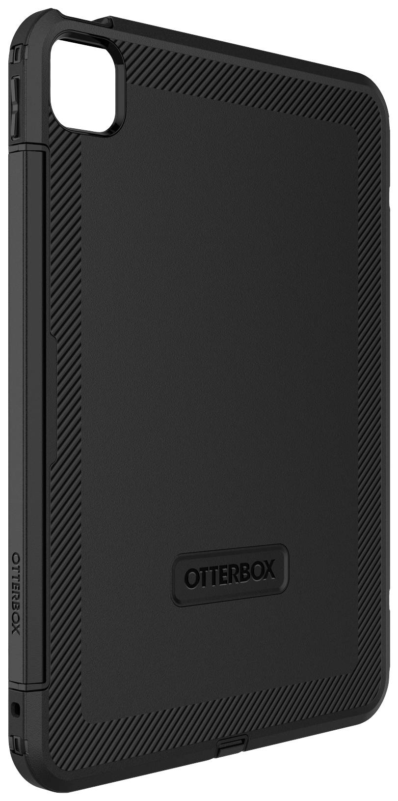 Eine schwarze Schutzhülle der Marke OtterBox für ein Tablet, mit strukturierten Kanten für besseren Halt.