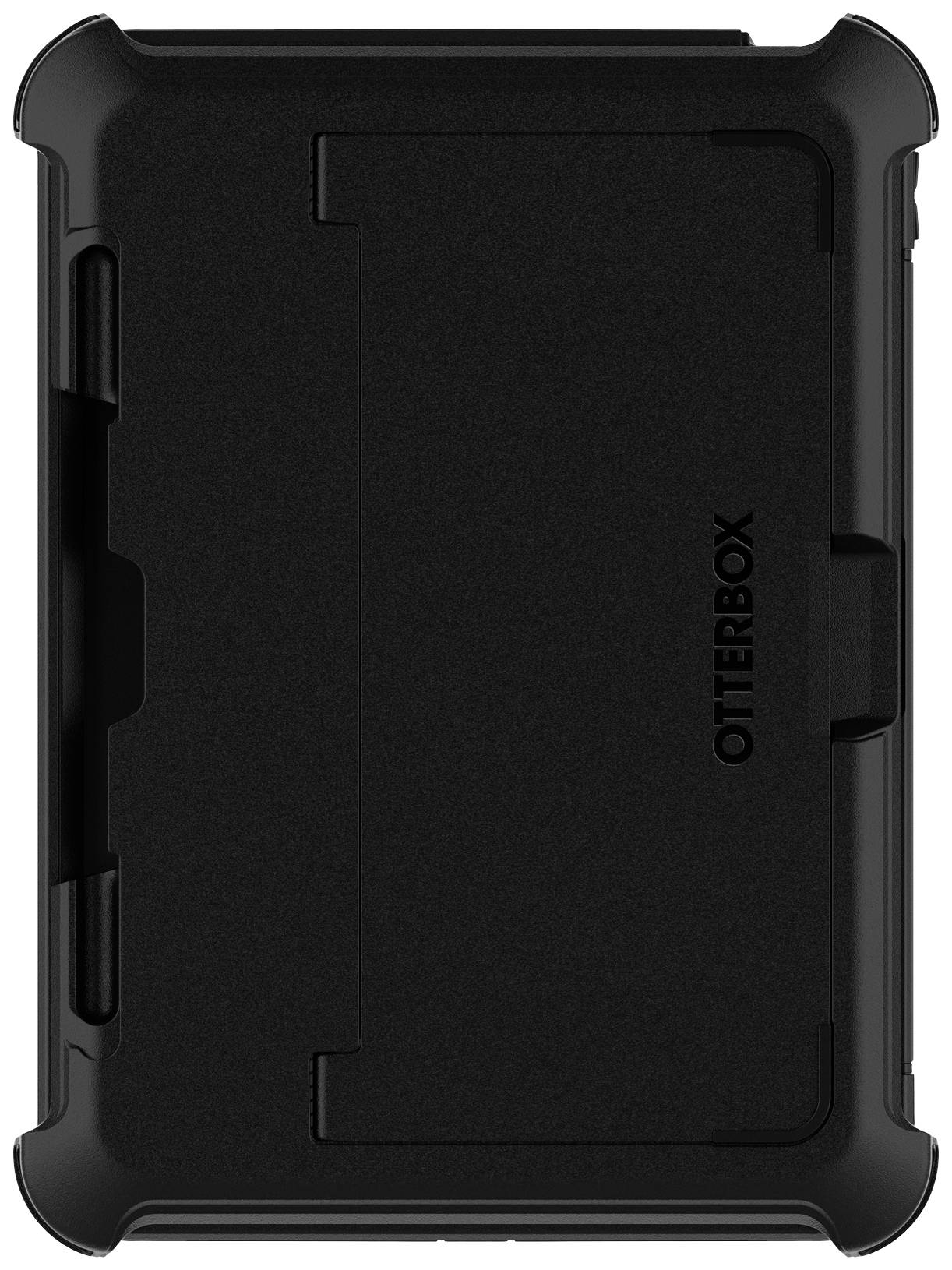 Eine schwarze Otterbox-Schutzhülle, rechteckig, mit verstärkten Ecken und einem integrierten Ständer, für ein Tablet gestaltet.