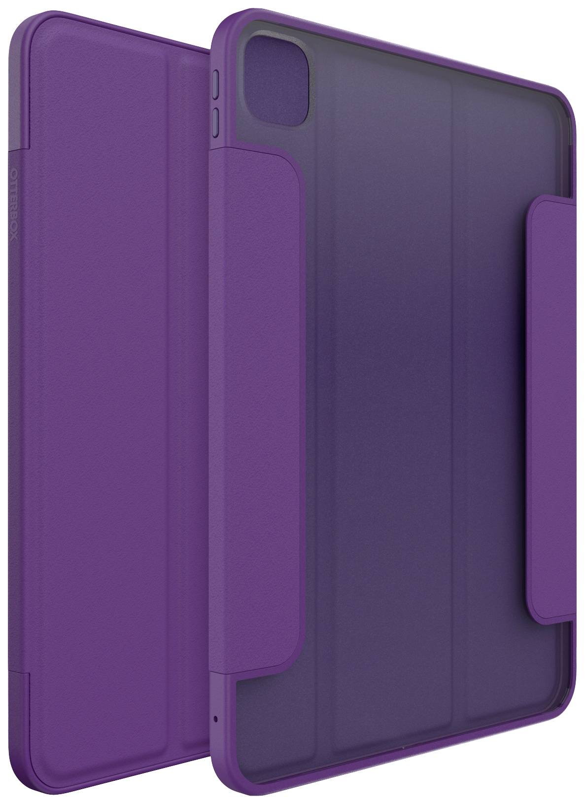 Hülle für ein Tablet in Lila, Vorder- und Rückseite gezeigt. Schützt das Gerät und bietet Standmodus-Funktionalität.