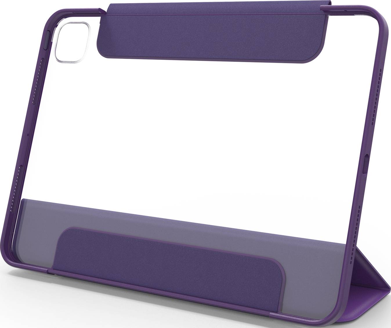 Ein lila Tablet-Hülle aus transparentem Material, gestützt in einem stehenden Winkel, bietet Schutz und bequeme Betrachtung.