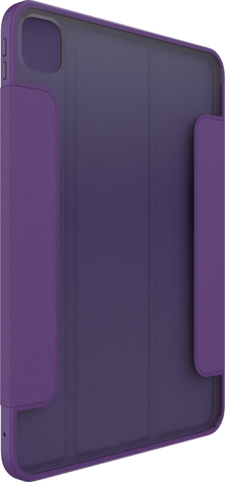 Lila Tablet-Hülle, aufrecht stehend, zeigt eine Kameraaussparung oben links. Schlichtes Design mit schützenden Klappen.