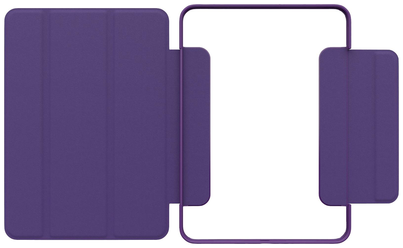 Lila Schutzhülle für Tablet, ausgeklappt und leer, zeigt rechteckige, faltbare Bereiche links und rechts.