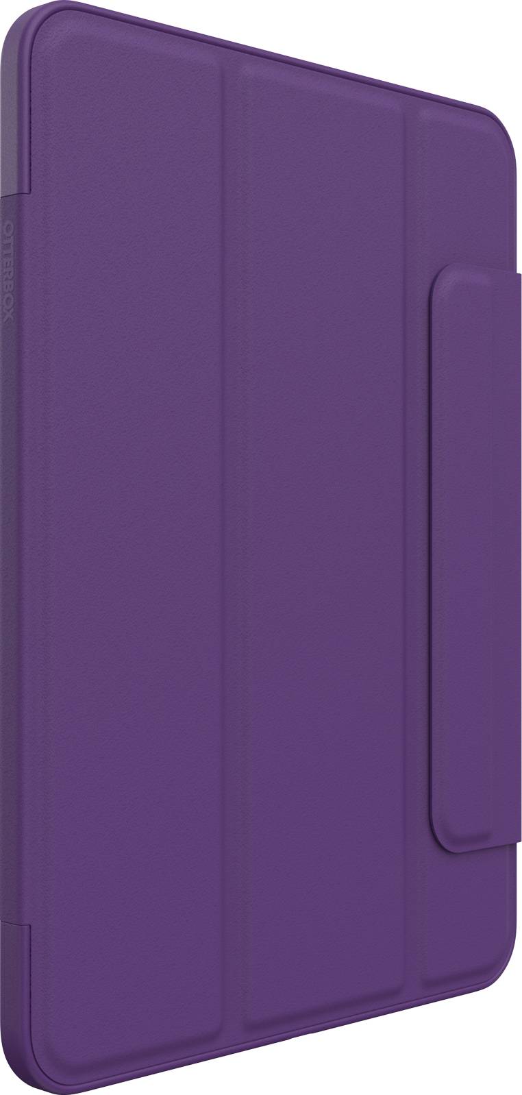Eine violette Schutzhülle für ein Tablet, geschlossen und von der Rückseite fotografiert.