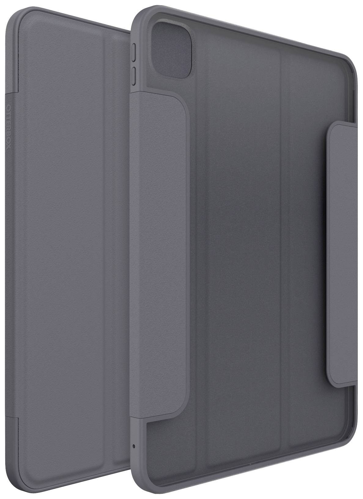 Ein graues Tablet-Case mit Standfunktion und Kameraaussparung, geschlossen und von zwei Seiten gezeigt.