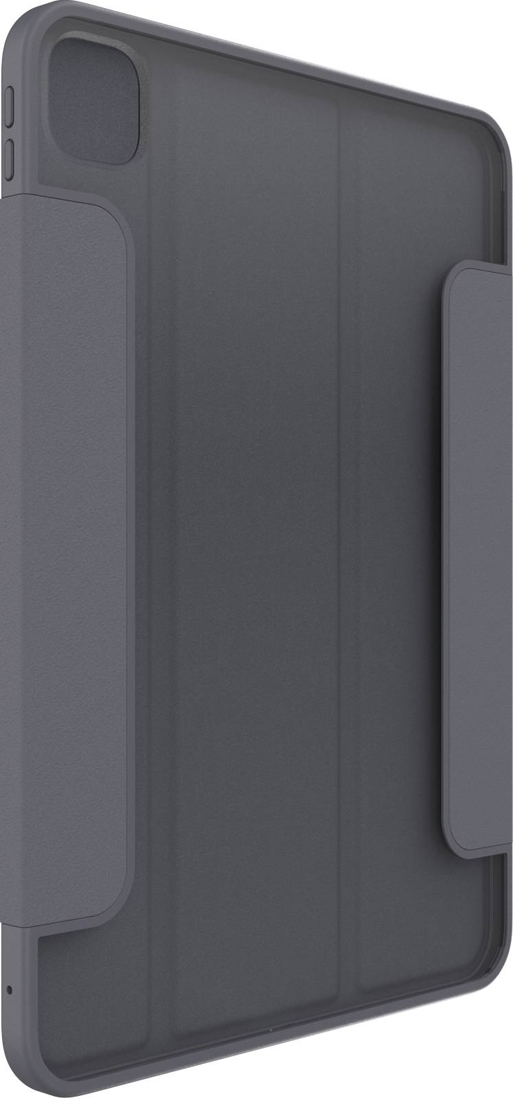 Eine dunkelgraue Tablet-Hülle aus Stoff und Kunststoff mit verstärkten Kanten bietet Schutz für das Gerät.