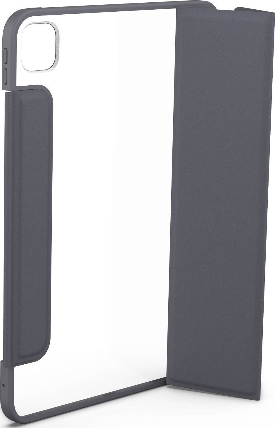 Dunkelgraue Schutzhülle für ein Tablet mit transparenter Rückseite und seitlichem Klappdeckel.